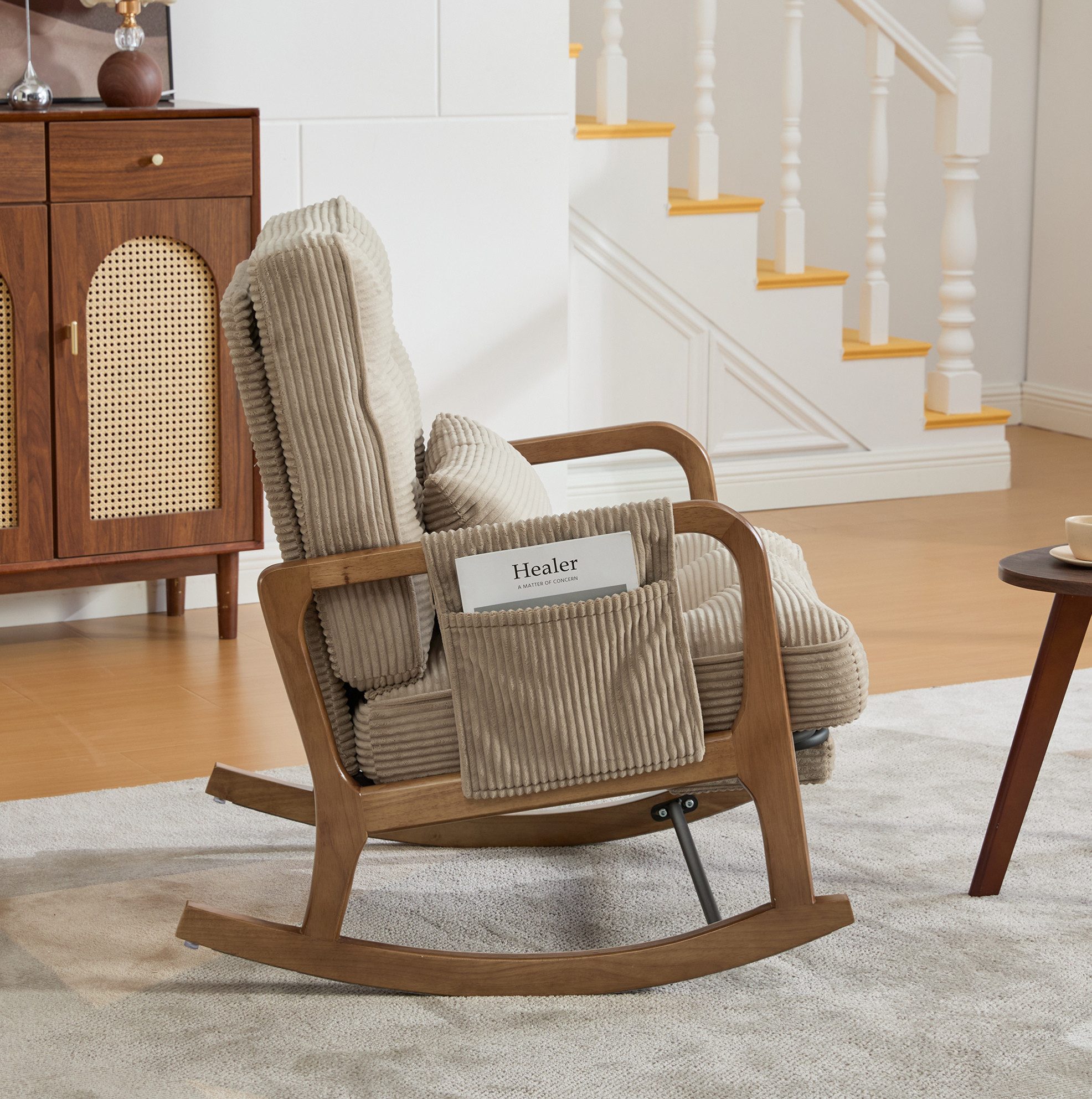 OKWISH Loungesessel Schaukelstuhl (mit verstellbarer Lehne, Fußstütze und praktischen Seitentaschen), Relaxsessel Polstersessel
