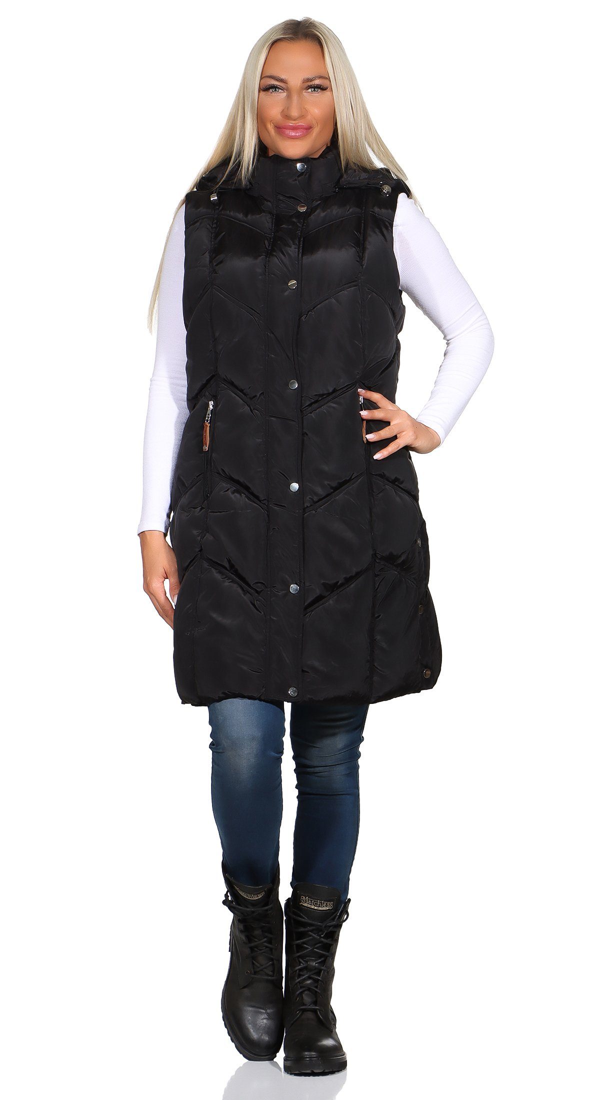 Aurela Damenmode Steppweste Damen Longweste mit moderner Steppung abnehmbar günstig online kaufen