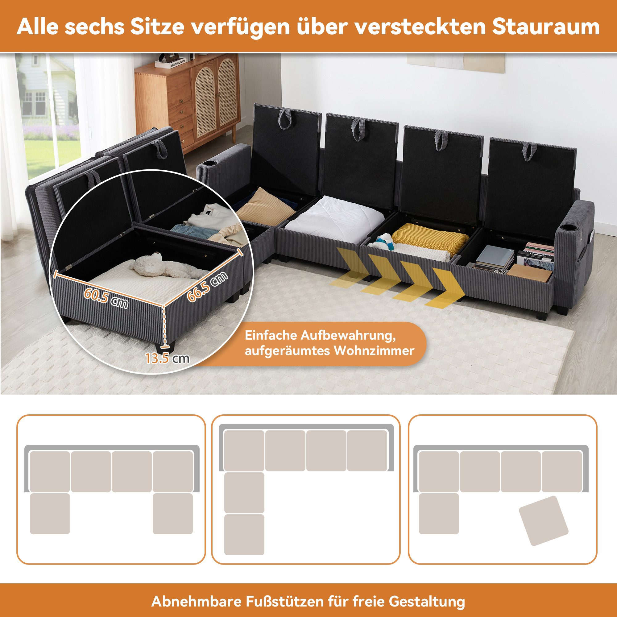 i@home Ecksofa 6-Sitzer-Sofa, L-förmiges Sofa, mit Abnehmbarem Hocker, USB-Anschlüssen und Getränkehaltern, grau/weiß