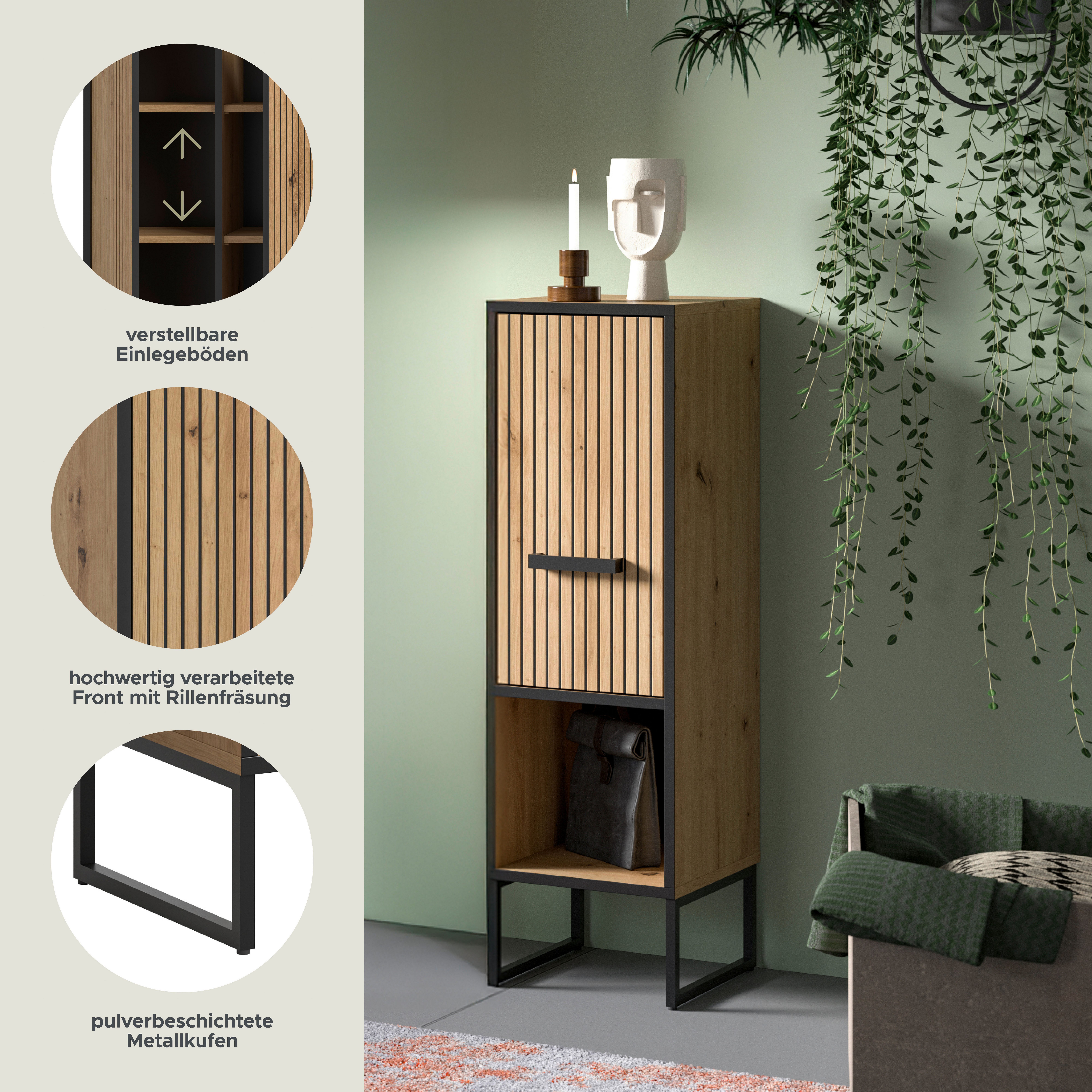 welltime Unterschrank LOCRI, Höhe 101 cm, 1 Tür, 1 offenes Fach, 1 Einlegeboden (1-St., industrial Look mit Rillenoptik & Metall Kufen) Badmöbel, Badschrank, Badkommode, Kommode, Schrank, Bad, Badezimmer