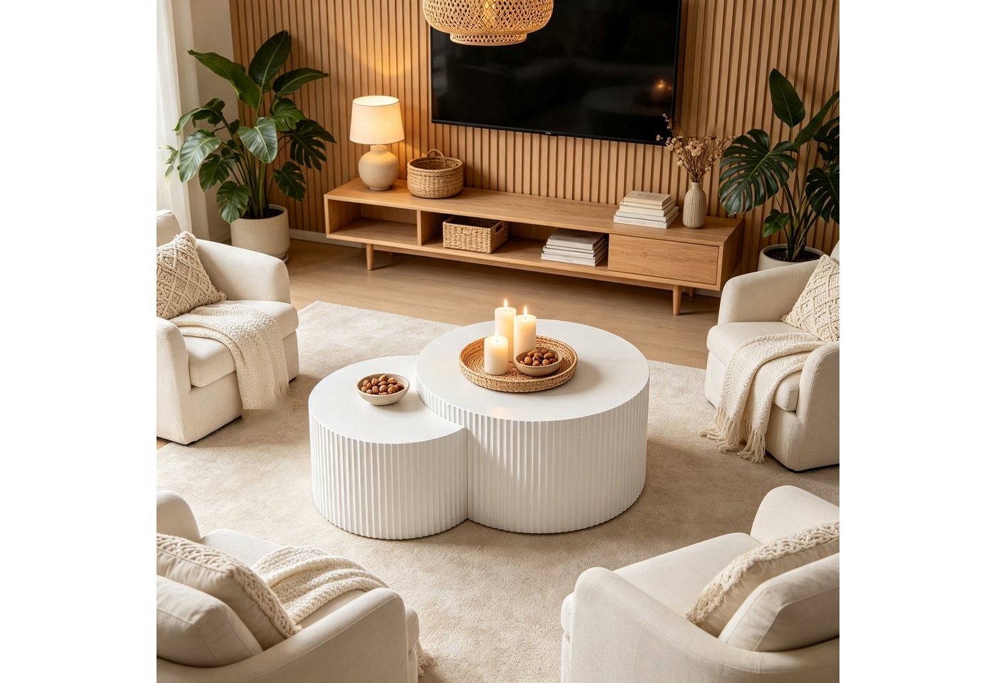 NJLyuhome Couchtisch Weißes Wellen-Design Beistelltisch-Set, Kombinierbare Salon-Tische (2-St)