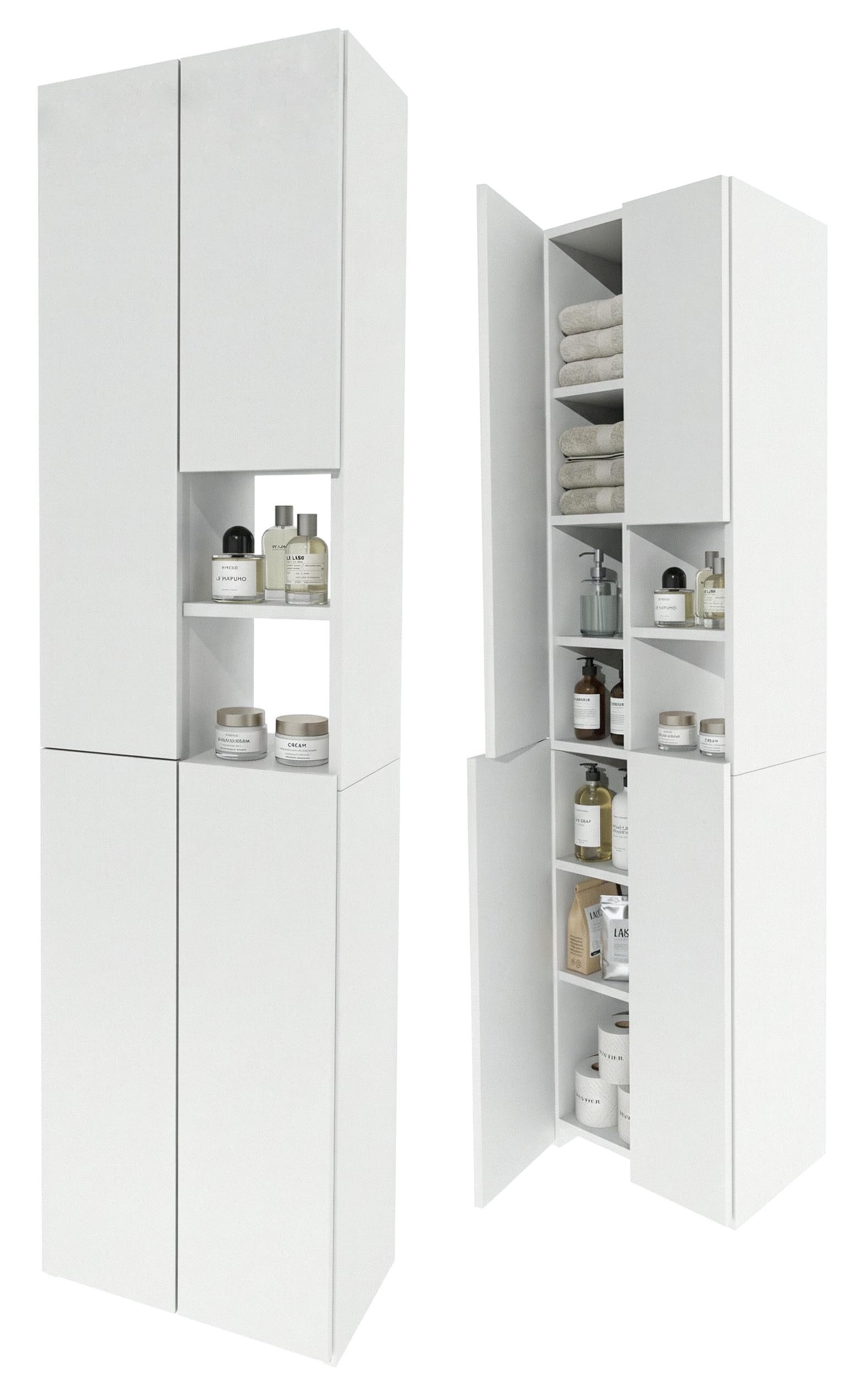 TREND WERK Hochschrank Badschrank schmal stehend B45 x T26,5 x H180 cm (Schmaler Badezimmerschrank mit Regalfächern & Stauraum) Holzoptik, offene & geschlossene Fächer, Standregal Bad, platzsparend