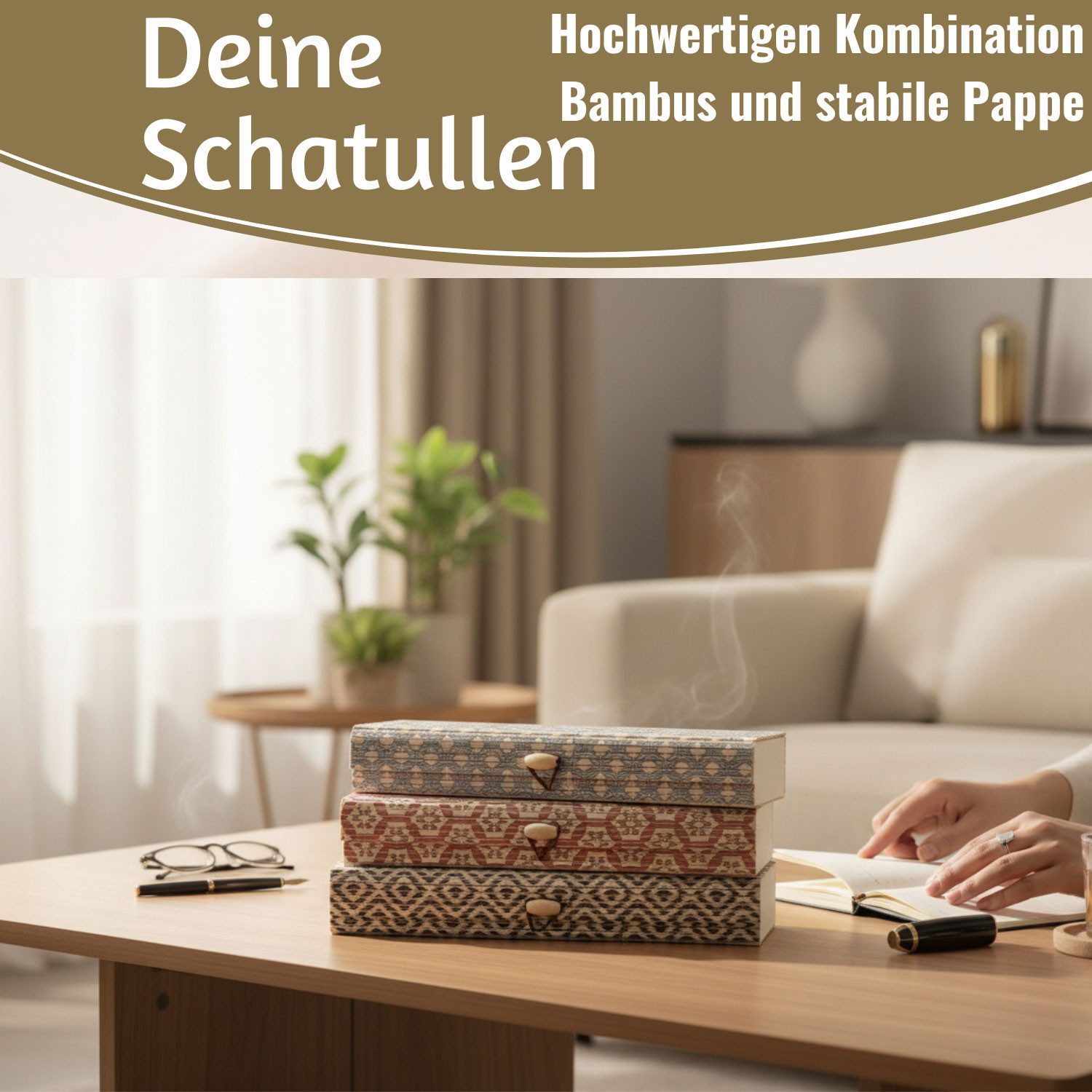 LS-LebenStil Aufbewahrungsbox Vintage Holz Schachtel 3´er Set Bambus mit Deckel Geschenkbox Box (Ikat länglich Geschenkbox schmale Schmuckschachtel, Schmuckschatulle, 3 St., Holzschatulle Schmuckkästchen, Stiftebox, Federtasche Kästchen Kiste), Rechteckig