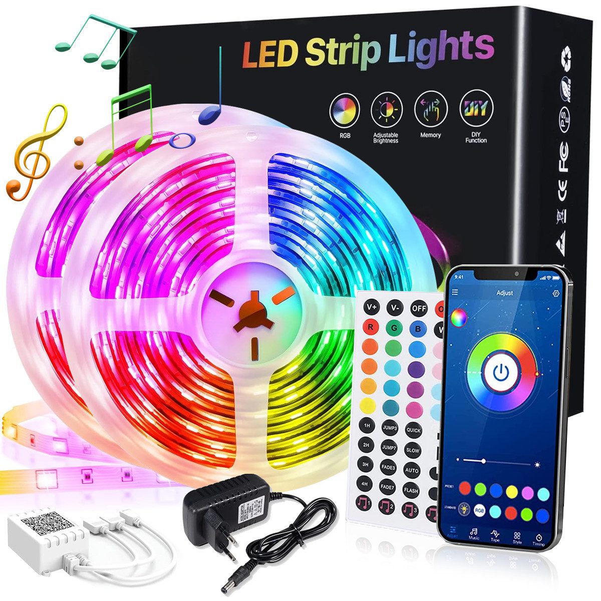 KINSI LED Stripe LED Strip, LED- Streifen, Lichterketten, Lichtstreifen, Bluetooth, RGB, 5,10,15,20M, 18 Lichter/M, Infrarot-Fernbedienung, Bareboard RGB
