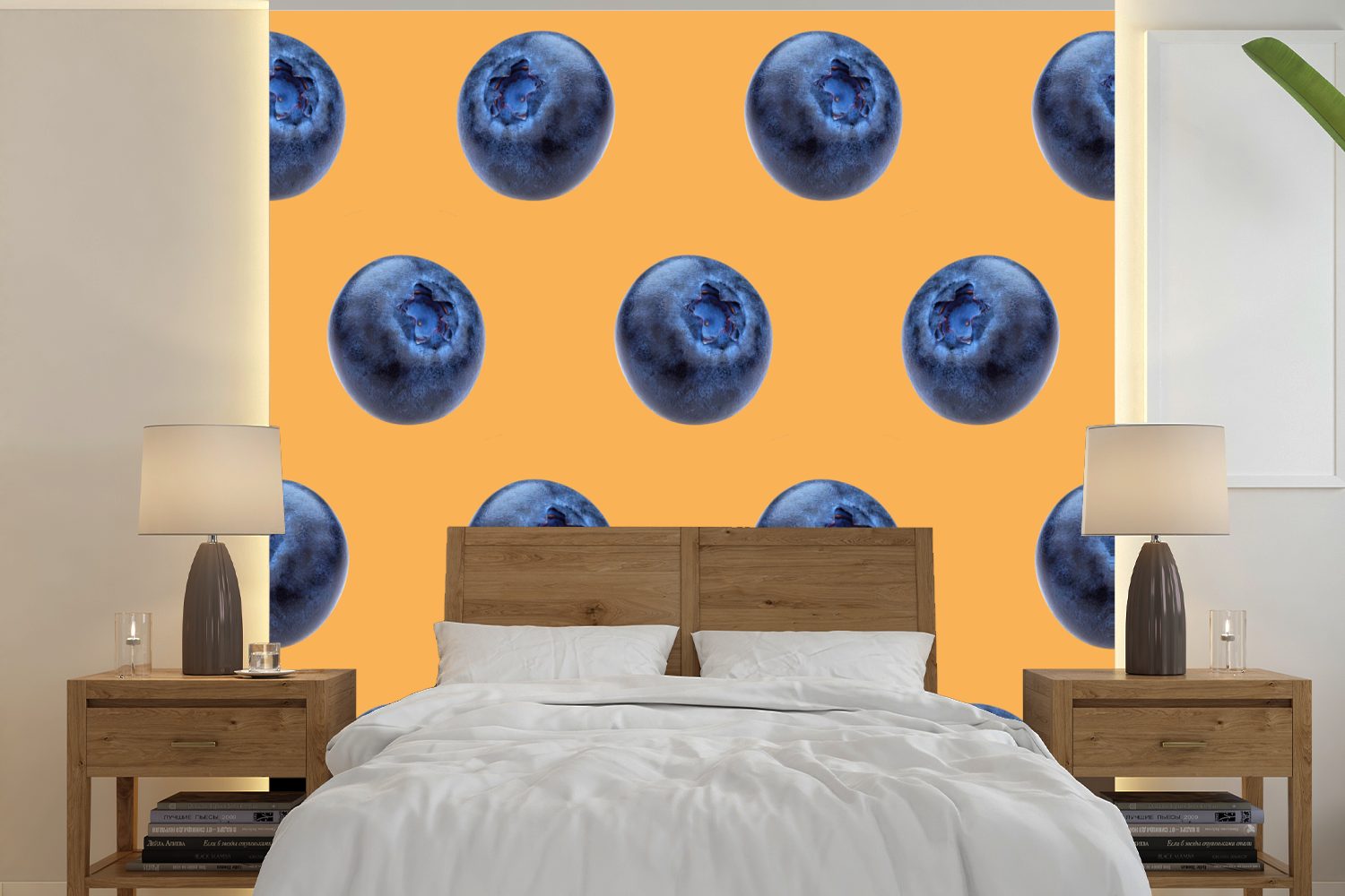 MuchoWow Fototapete Blaue Beere - Orange - Muster, Matt, bedruckt, (5 St), Vinyl Tapete für Wohnzimmer oder Schlafzimmer, Wandtapete