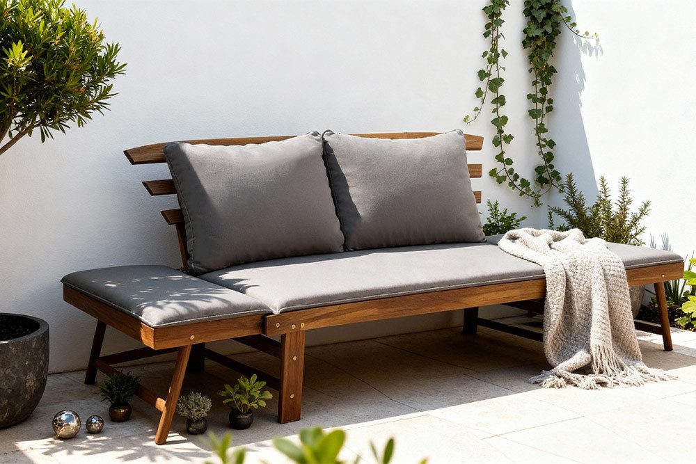 riess-ambiente Gartenbank MODULAR 200cm natur – FSC zertifiziertes Holz, klappbar, mit Kissen (Einzelartikel, 1-St), Outdoor-Sitzbank mit Liegefunktion – ideal für Garten & Terrasse