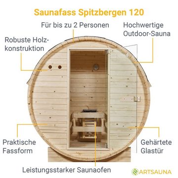 Artsauna Fasssauna Spitzbergen 120, BxTxH: 191 x 120 x 193 cm, für 2 Personen, Fichtenholz, 3,6 kW Elektro-Ofen, Komplett-Set