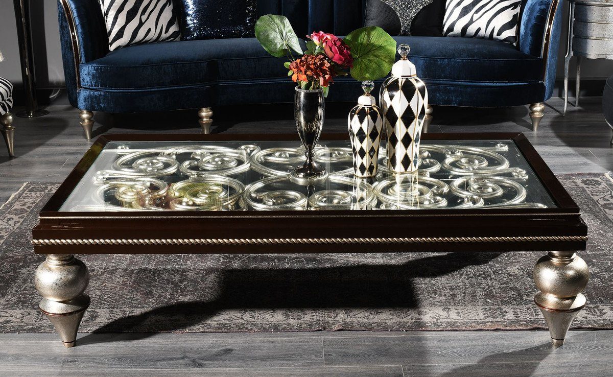 Casa Padrino Couchtisch Luxus Barock Couchtisch Dunkelbraun / Antik Silber 167 x 92 x H. 48 cm - Prunkvoller Massivholz Wohnzimmertisch mit Glasplatte - Luxus Qualität