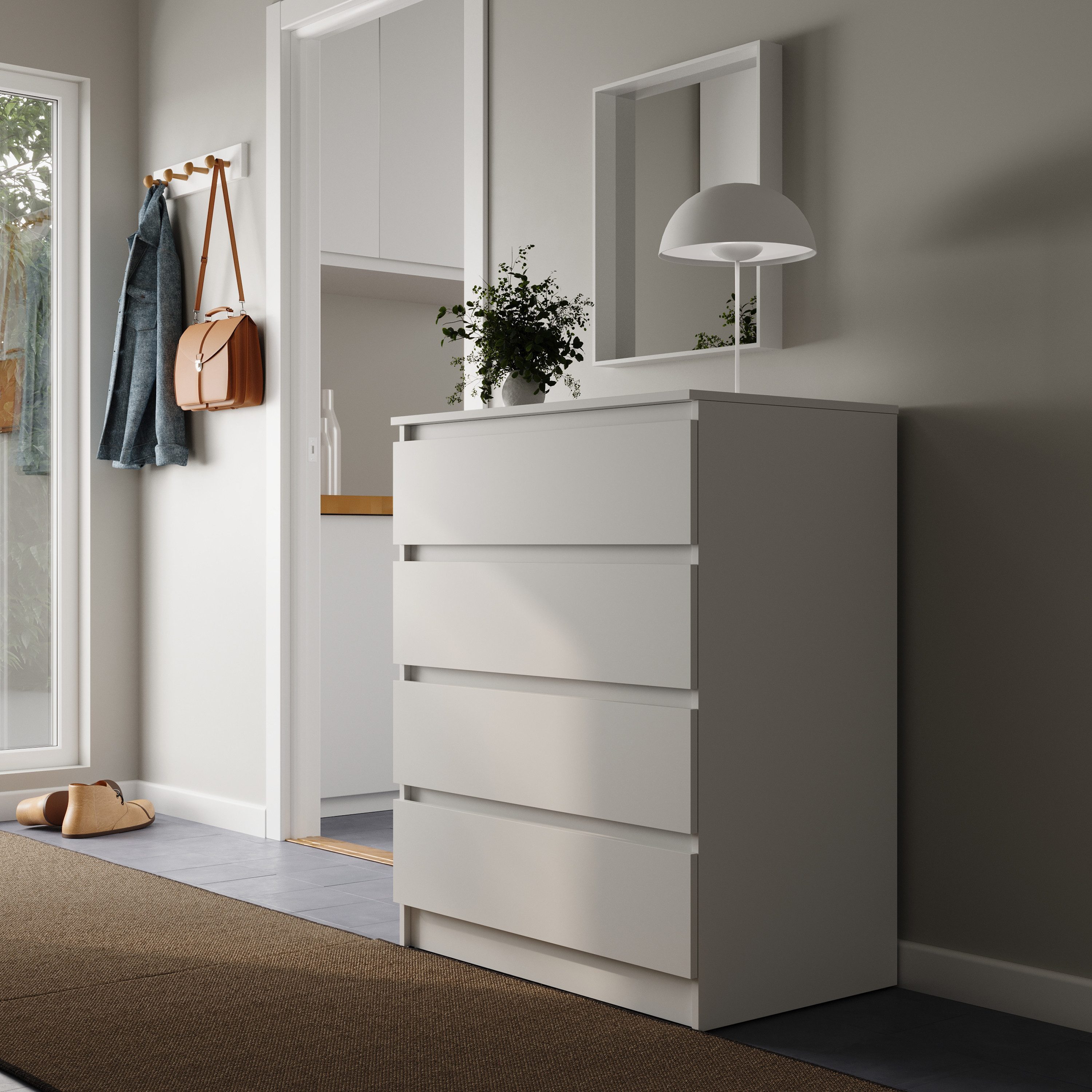 Home Collective Kommode mit 4 Schubladen Kommode schmal Holz Schrank (Highboard Anrichte Schlafzimmer Wohnzimmer Flur Büro Organizer), Kommode 80 cm breit Schrank mit Schubladen Sideboard Weiß