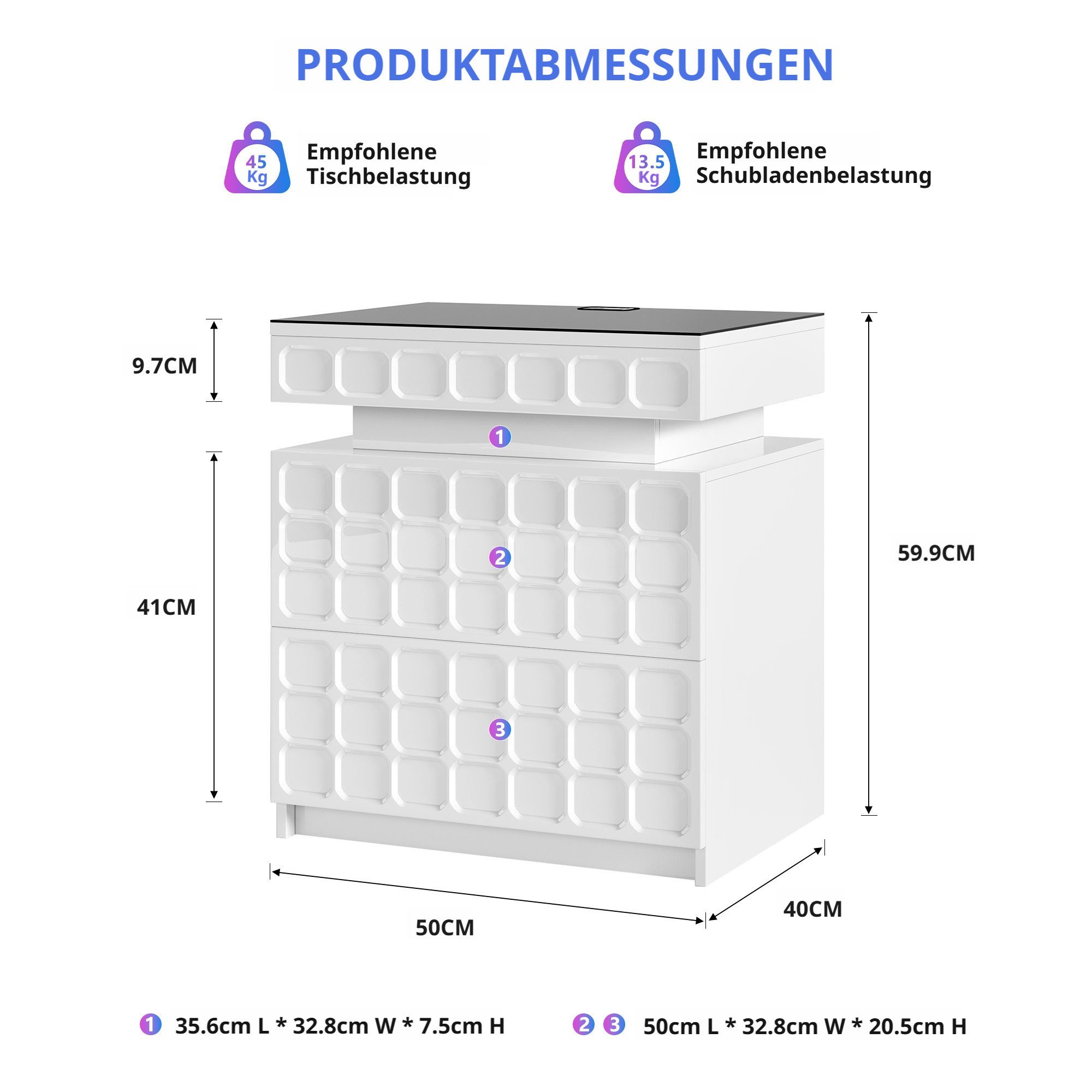 LVSOMT Nachttisch mit Ladestation und RGB, verstecktem Stauraum (1-St), 50×40×59.9cm, weiß – Bild 2 von 5