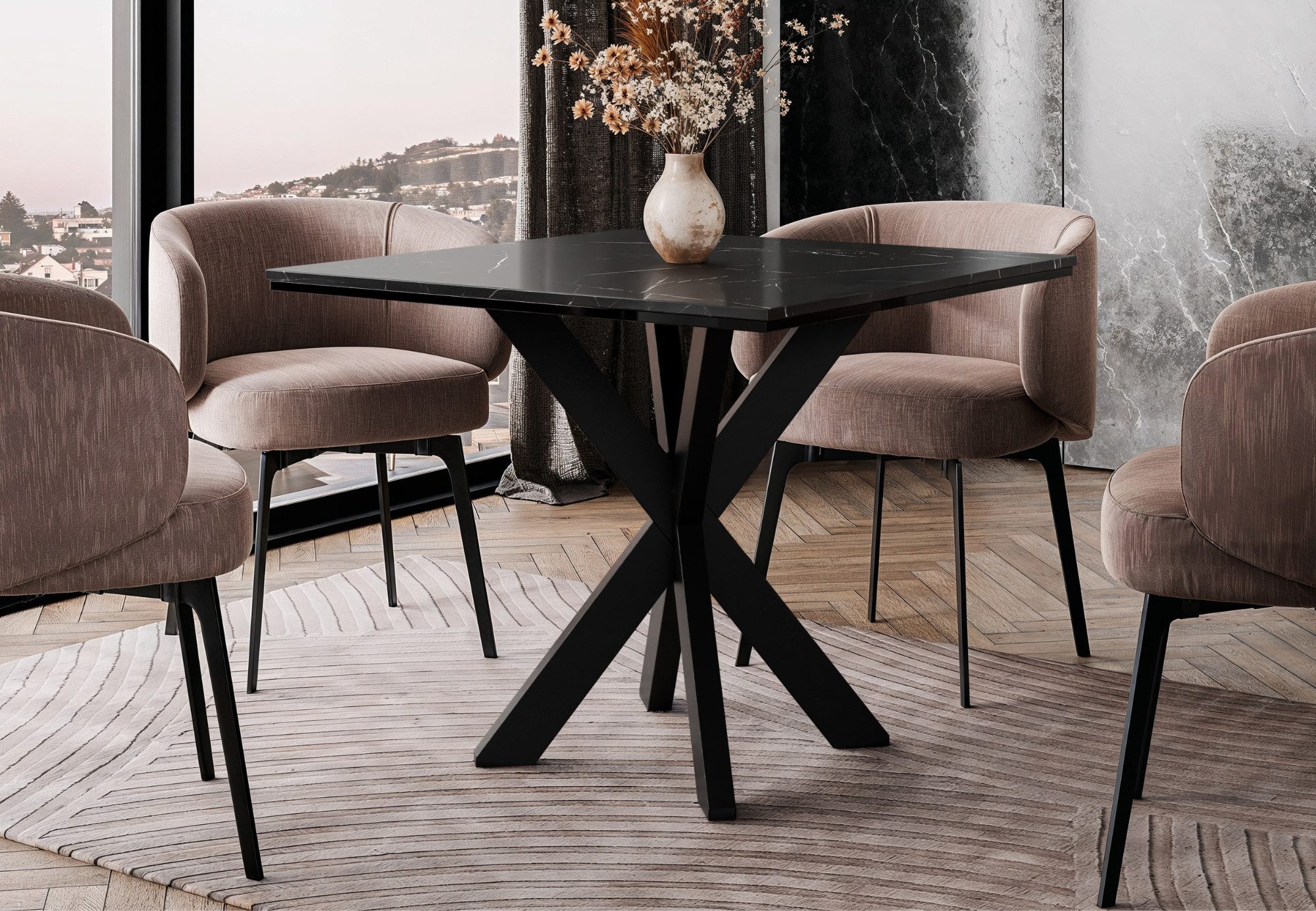 Home Collective Esstisch Tisch Küchentisch Esszimmertisch 90x90cm verschiedene Farben (Esszimmer Küche Wohnzimmer Esstisch), Kreuzgestell aus Metall 90x90 cm Schwarz Marmor-Optik