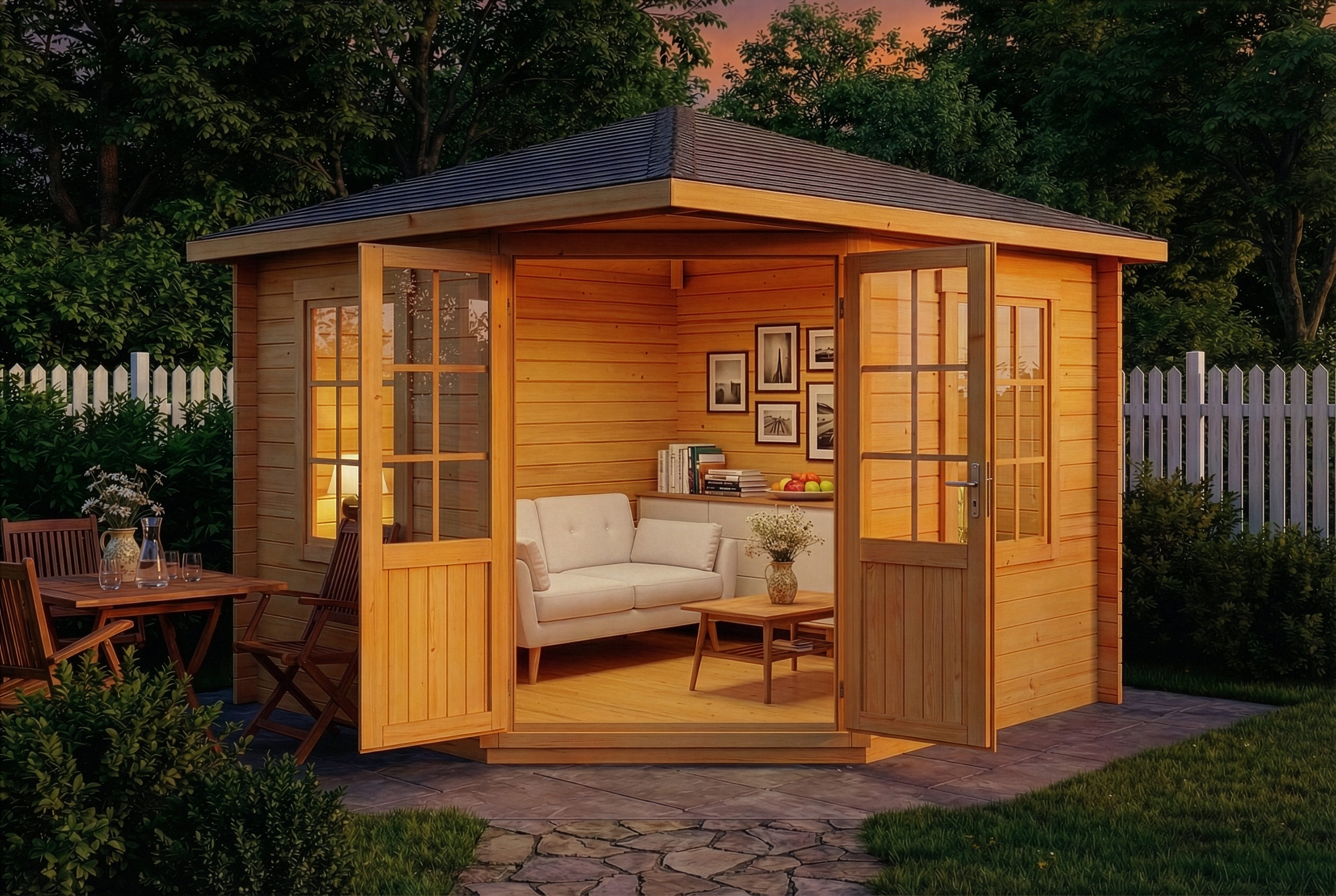 Alpholz Gartenhaus Holz 5-Eck Monica, BxT: 320x320 cm, in Imprägniert (Pinie) mit 28mm Wandstärke