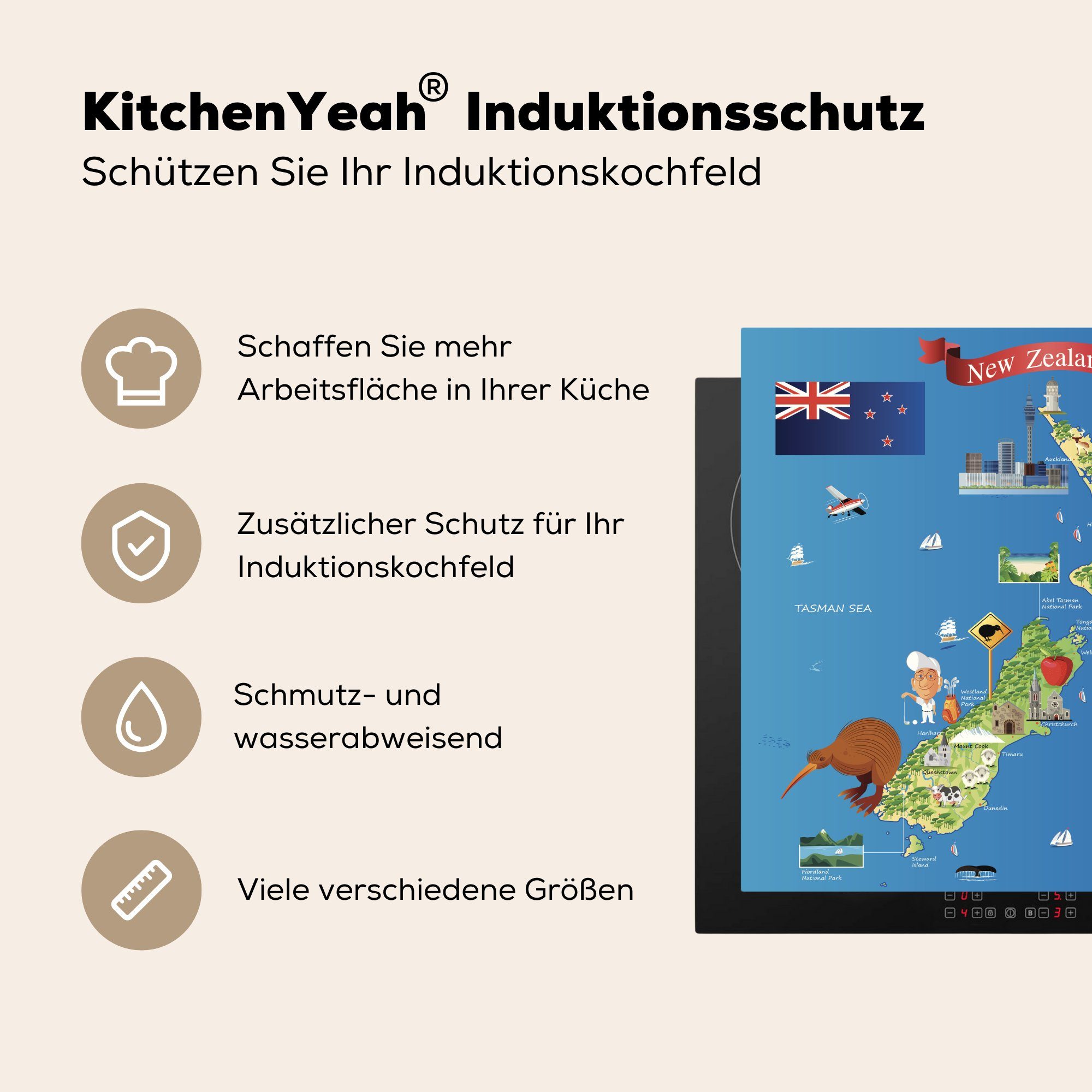 Eine küche Arbeitsplatte Karte für Herdblende-/Abdeckplatte Cartoon-Illustration Ceranfeldabdeckung, Vinyl, tlg), cm, von 78x78 MuchoWow der (1 Neuseeland,