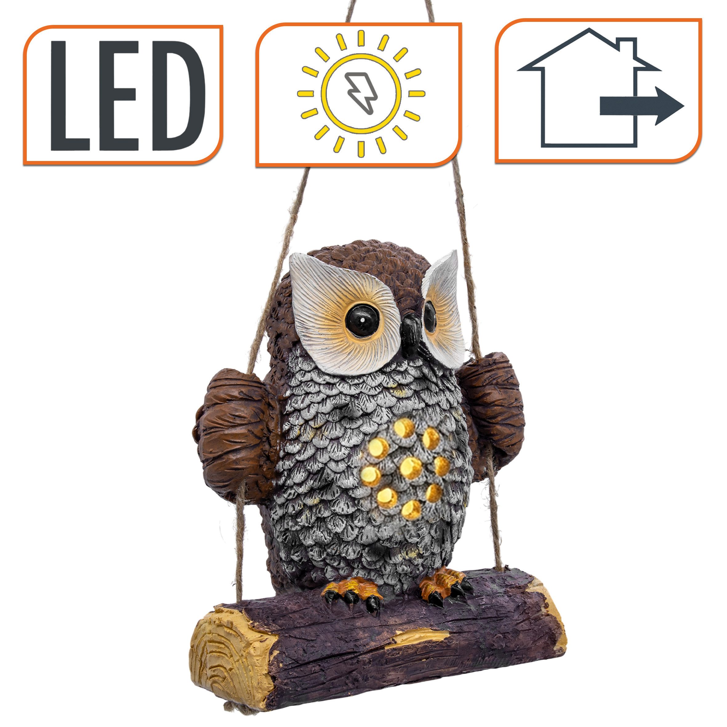 Spetebo LED Dekofigur Solar Gartenfigur Eule auf Schaukel zum Hängen, Einschaltautomatik, LED fest integriert, warm weiß, Eulenfigur warm weiß beleuchtet wasserfest für Außen