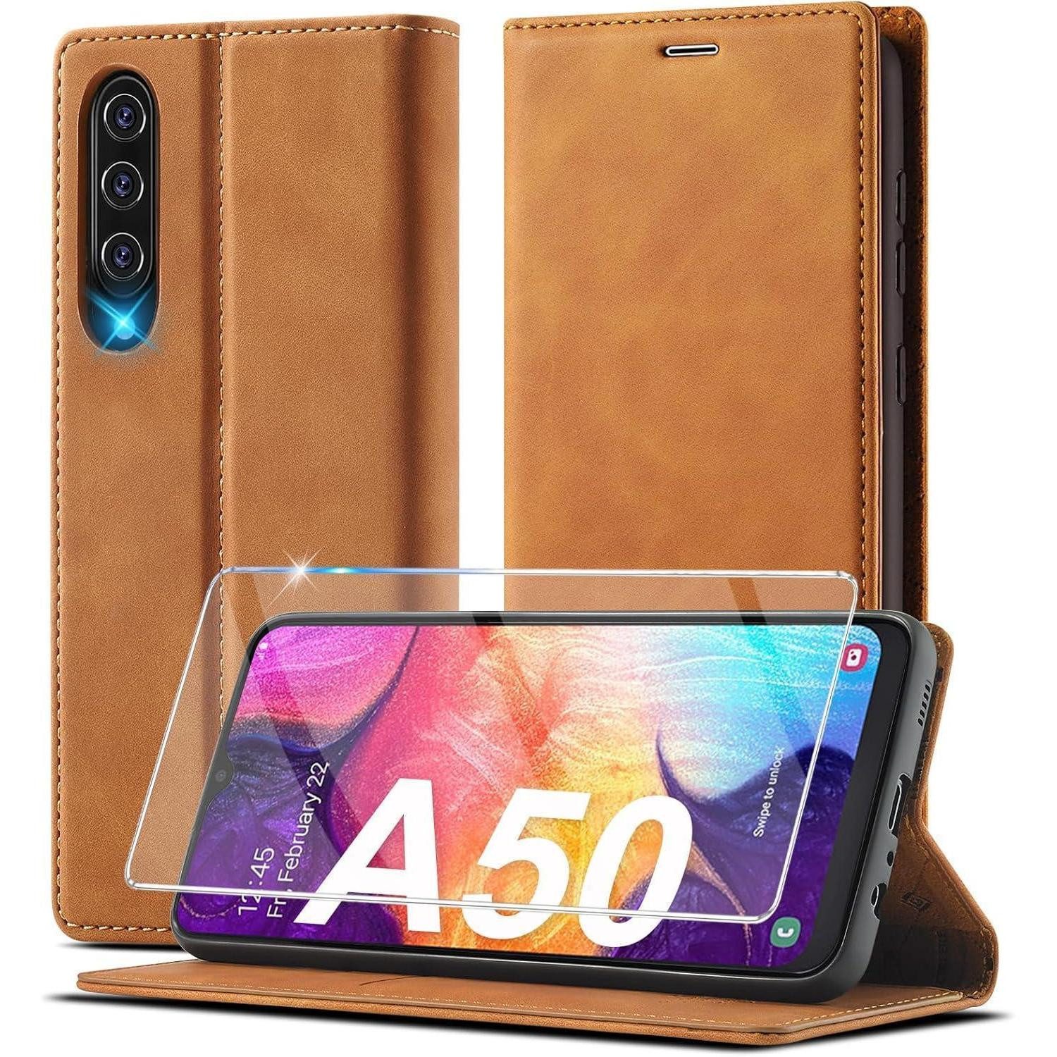 LuxusKollektion Flip Case Handyhülle Leder Klapphülle stoßfest Schutzfolie A50 A30s brown