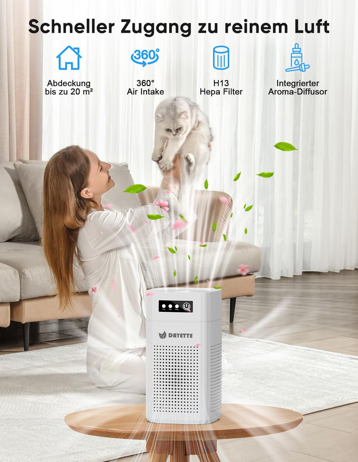 DAYETTE Luftreiniger Tragbarer für Allergiker, ideal für Schlafzimmer, Auto mit Duftschwamm, für 20 m² Räume, HEPA 13 Filter 99,97% von Staub, Pollen, Tierhaaren & Gerüchen