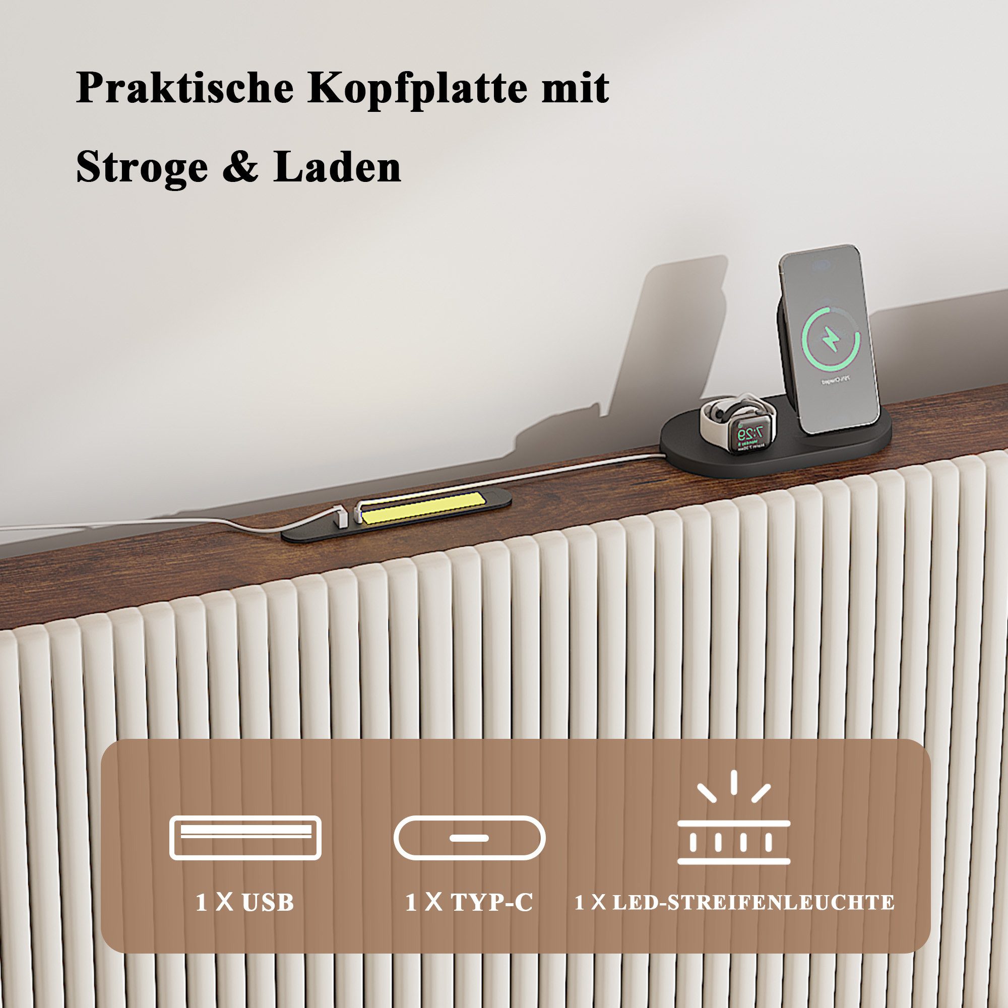 Odikalo Polsterbett Doppelbett 180x200 mit Kopfteil (Bettrahmen 180x200 gepolstertes Plattformbett mit Stoffköpfchen, Flügelkantendesign/Nicht-Rutsch- und Rausc – Bild 5 von 5