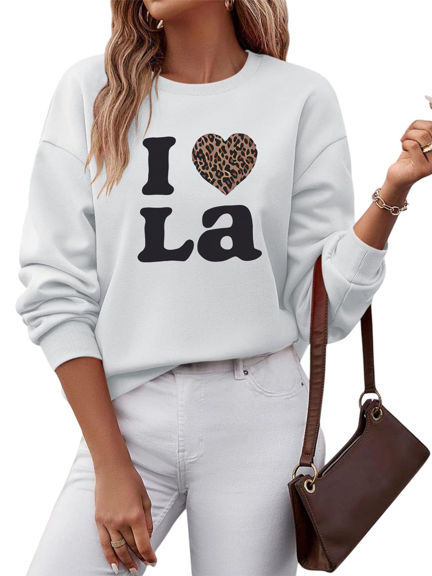 PYLIKE Rundhalspullover Lockeres Damen Sweatshirt Lässiger mit Animal Print Dropped Shoulders Bequem für Herbst & Winter