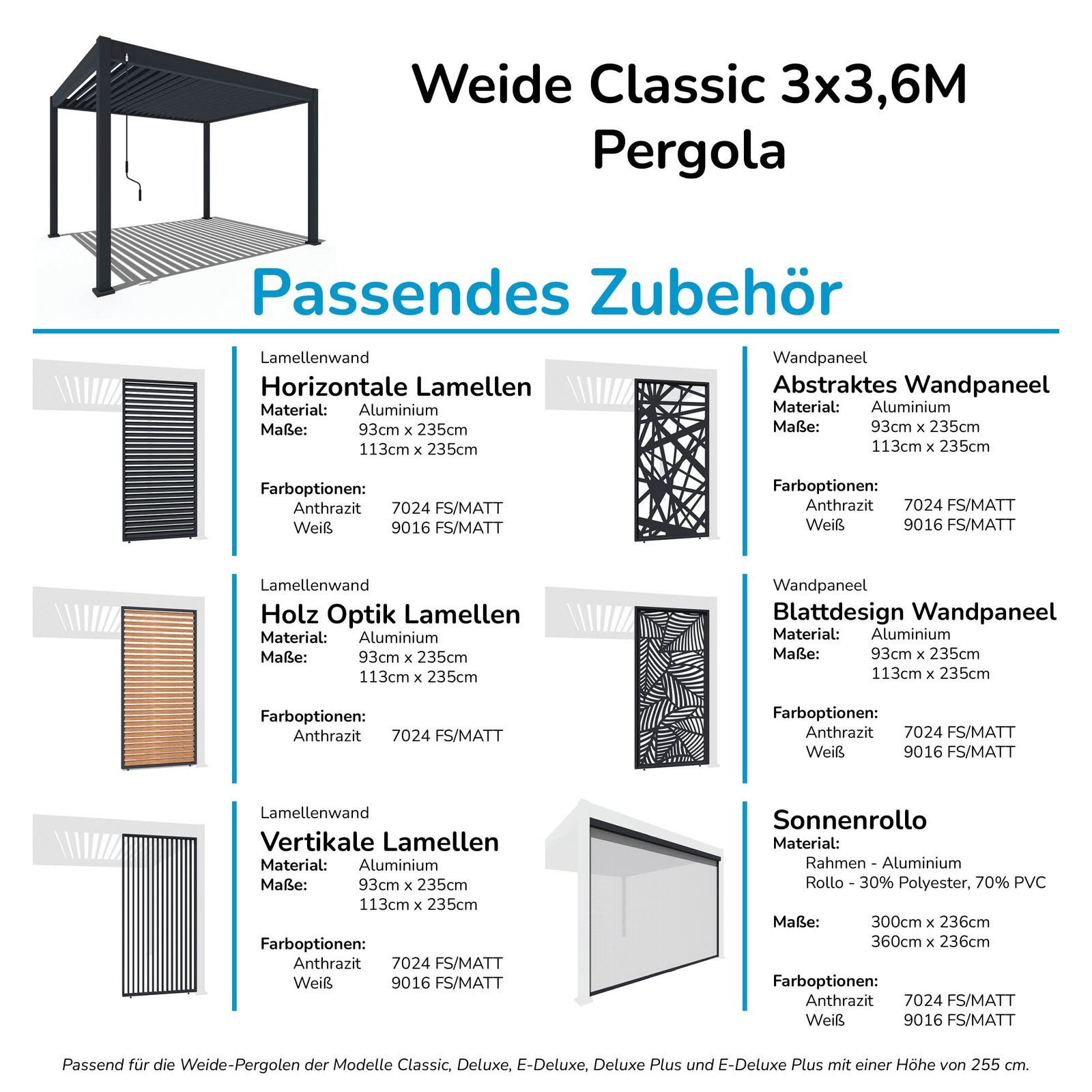 Weide Pergola Classic Pergola Aluminium freistehend 3 x 7,2 M weiß, BxTxH: 720x300x255 cm