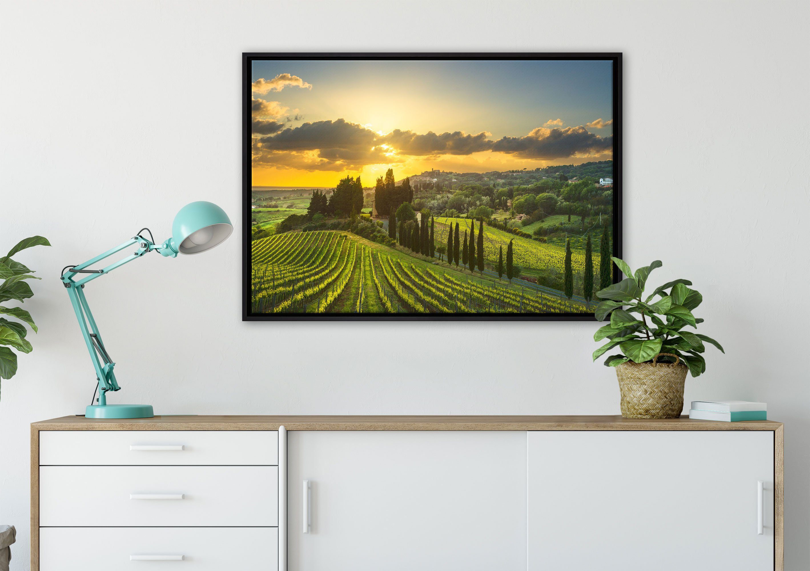 Pixxprint Leinwandbild Malerische Weinberge in in bespannt, Wanddekoration Zackenaufhänger Toskana, inkl. Leinwandbild gefasst, Schattenfugen-Bilderrahmen St), der (1 fertig einem