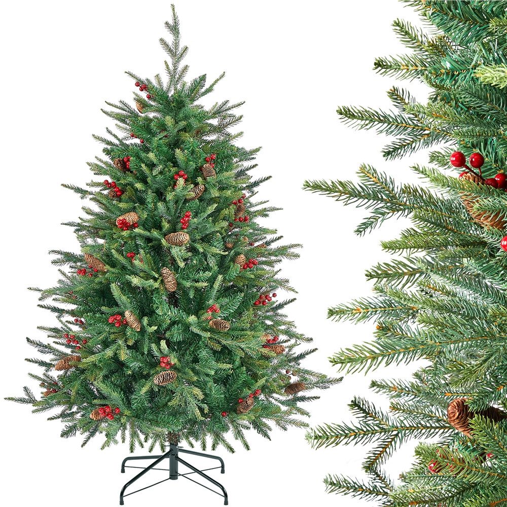 Yaheetech Künstlicher Weihnachtsbaum 152/183/213 cm (H), Christbaum mit roten Beeren & Kiefernzapfen & klappbarem Metallständer