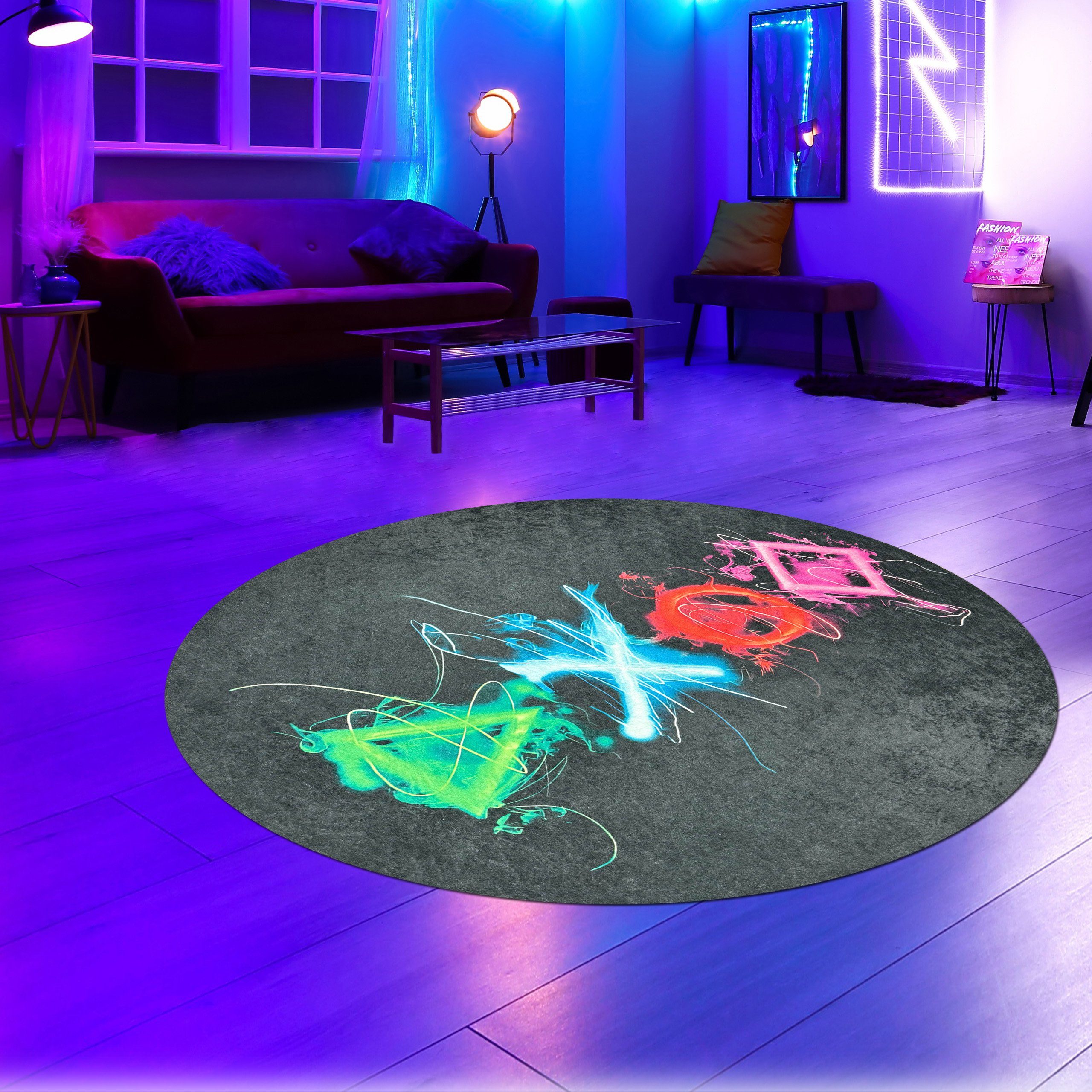 Carpetia Designteppich Gaming Style, rund, Höhe: 5 mm, mit grafischen Gaming-Motiven in Neon-Optik