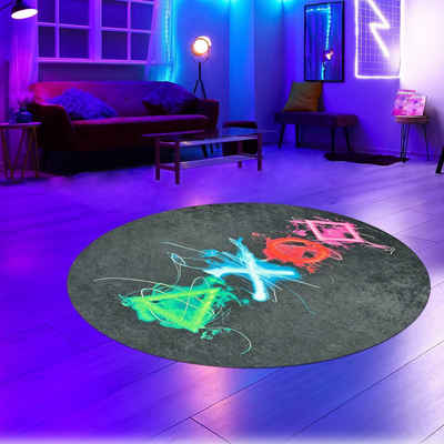 Teppich Gaming-Teppich mit lebendigen Neon-Farben und ikonischen Symbolen, Carpetia, rund