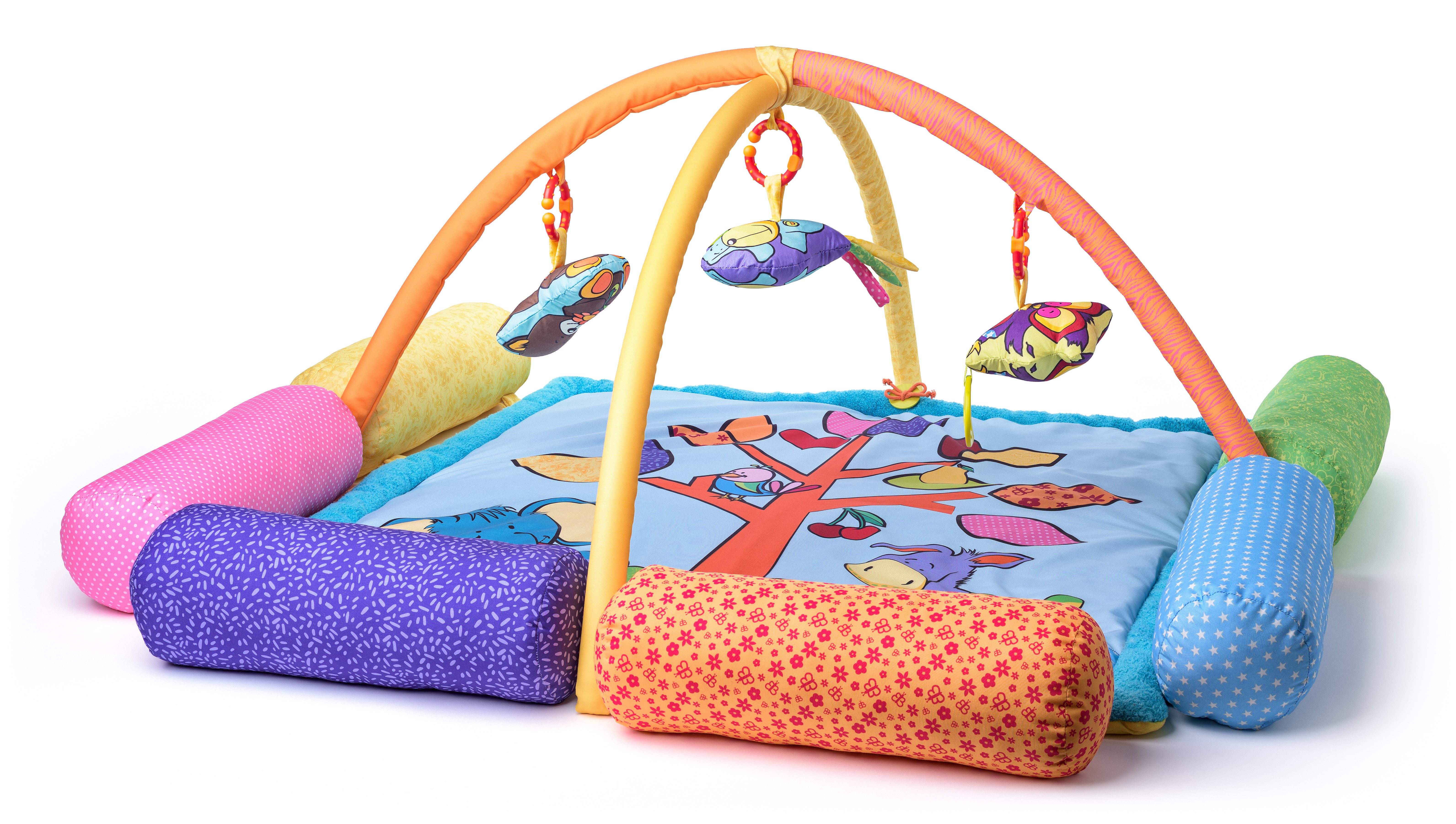 Woodyland Lernspielzeug Baby Spiel- und Krabbeldecke mit Spielbogen und 6 Spiel- Rollen (Spiel- und Krabbeldecke mit vielen Spielmöglichkeiten), Gratis ein ca. 30cm Tiergesicht mit unterschiedlichen Effekten