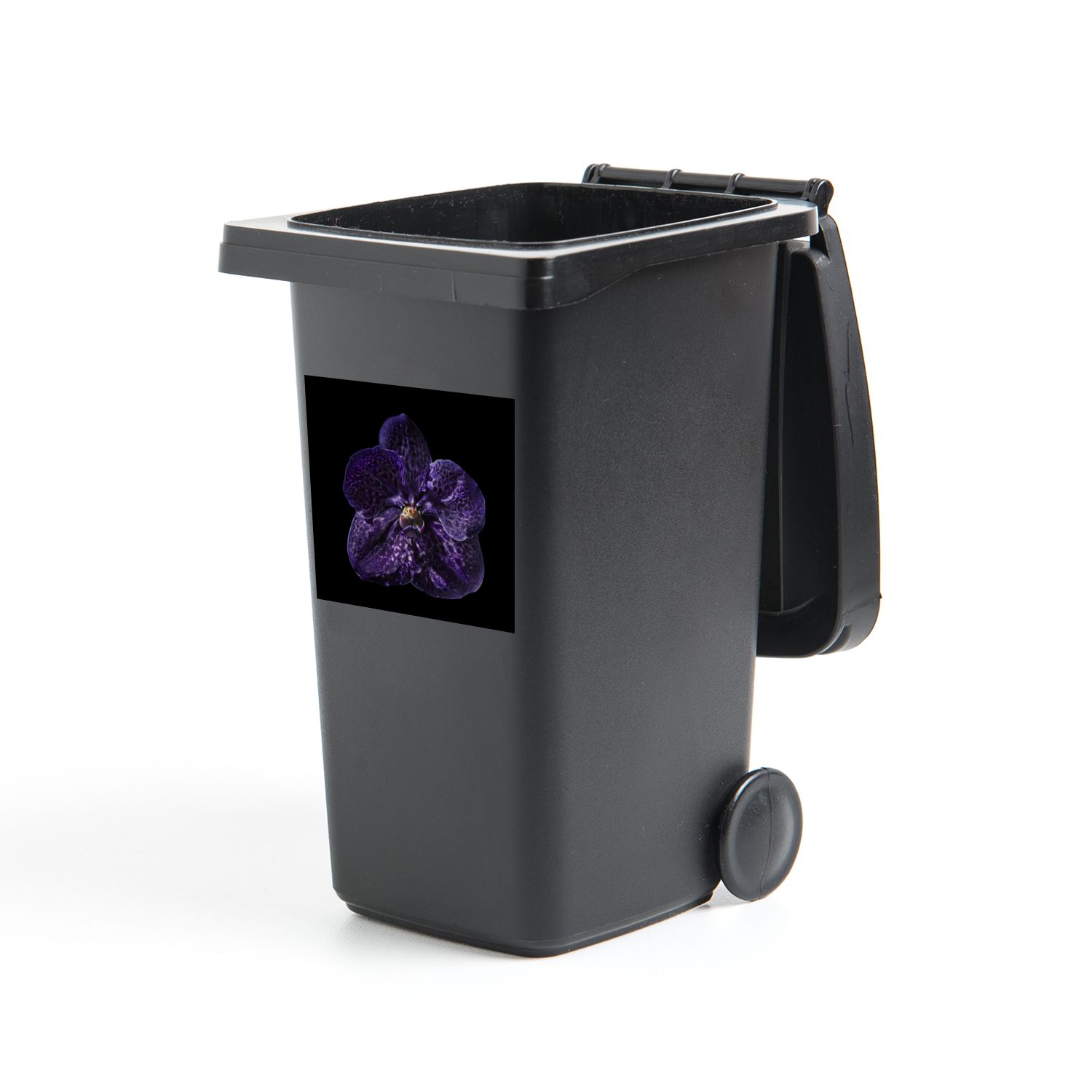 MuchoWow Wandsticker Nahaufnahme einer lila Mülltonne, Container, (1 vor schwarzem Hintergrund Orchidee Mülleimer-aufkleber, Sticker, St), Abfalbehälter