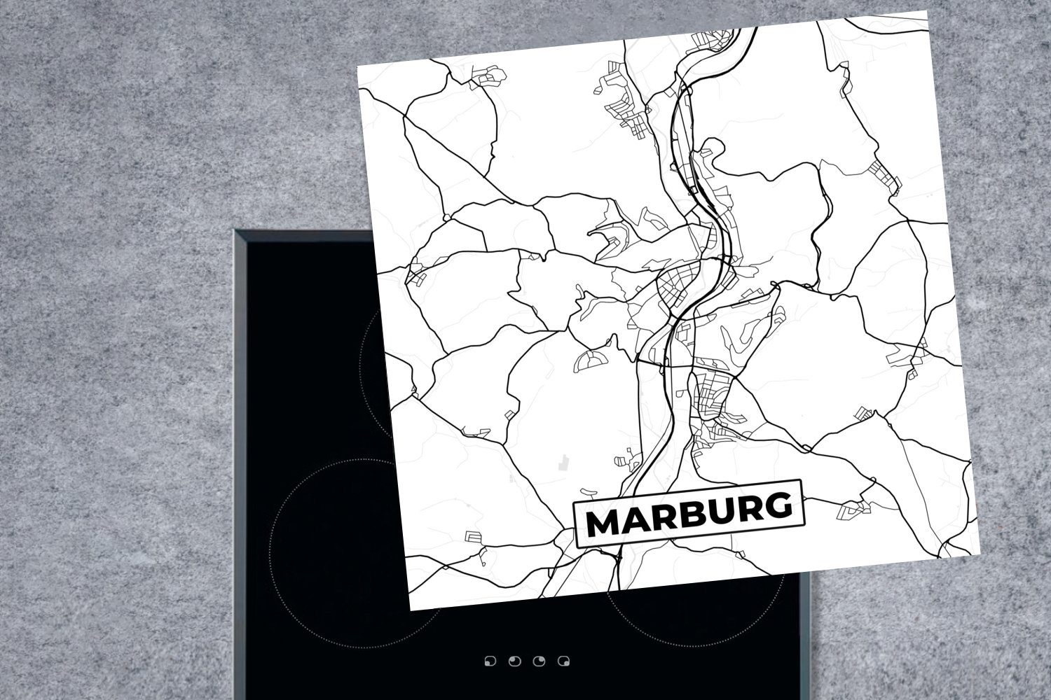 tlg), Ceranfeldabdeckung, Herdblende-/Abdeckplatte Arbeitsplatte Marburg - - küche Karte Vinyl, MuchoWow 78x78 cm, Stadtplan, (1 für