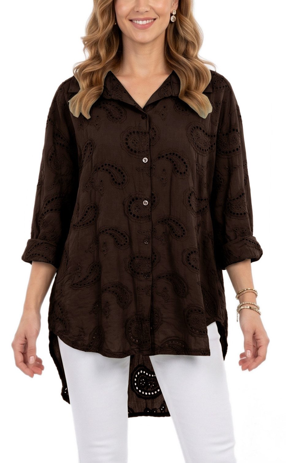 dy_mode Longbluse Damen Longbluse Oversize Tunika Boho Baumwollbluse Sommerbluse in Unifarbe, mit Paisley Lochstickerei, in Vokuhila-Schnitt