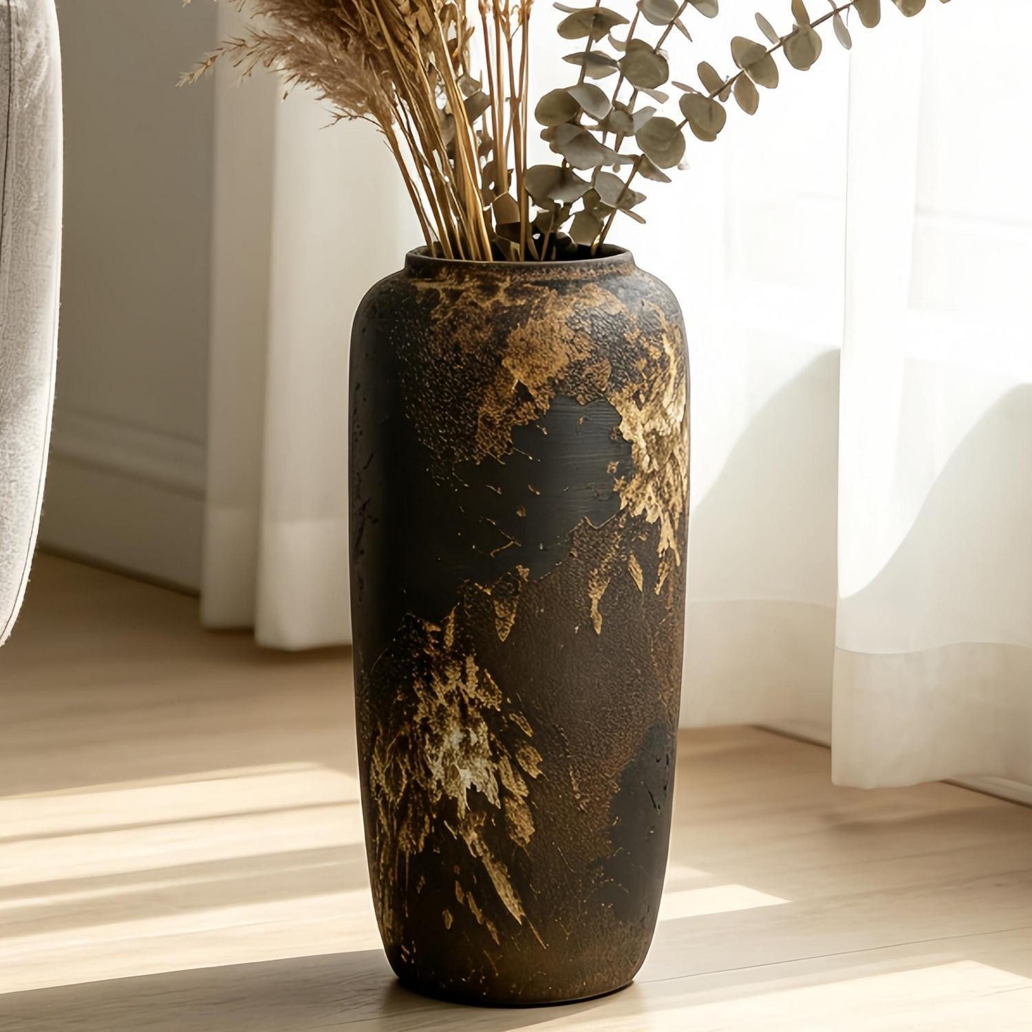 LuxusKollektion Bodenvase Bodenvase Keramik Schwarz 40cm Rustikal Boho (1 St)