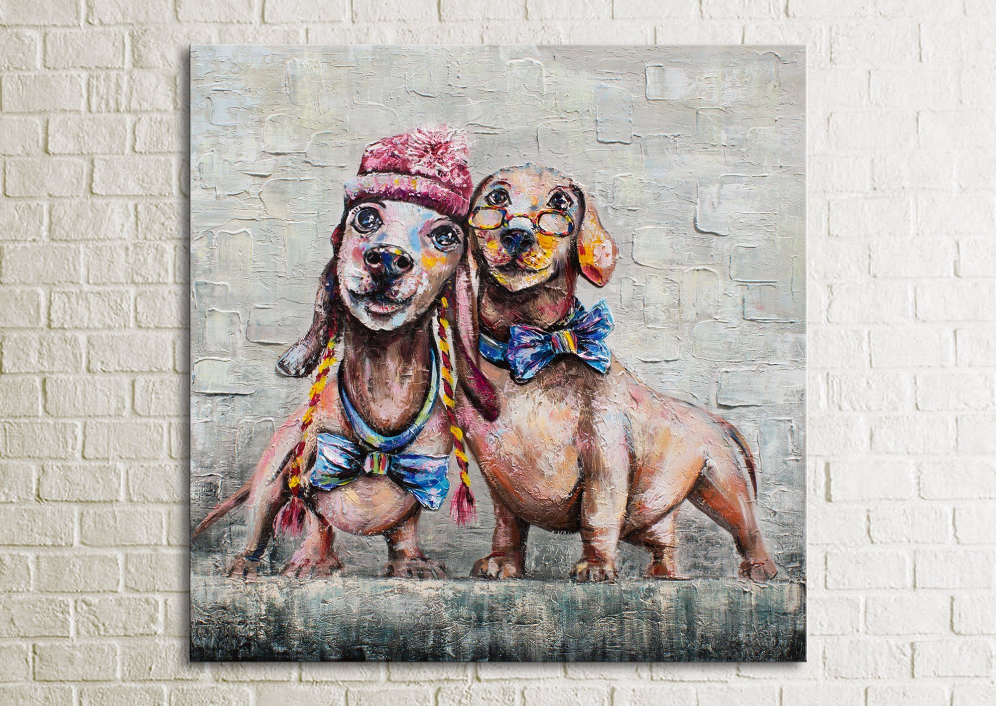 Gemälde Hunde Brille Leinwand Zwei Fliege YS-Art Tiere, Bild Handgemalt Dackel Freundschaft,