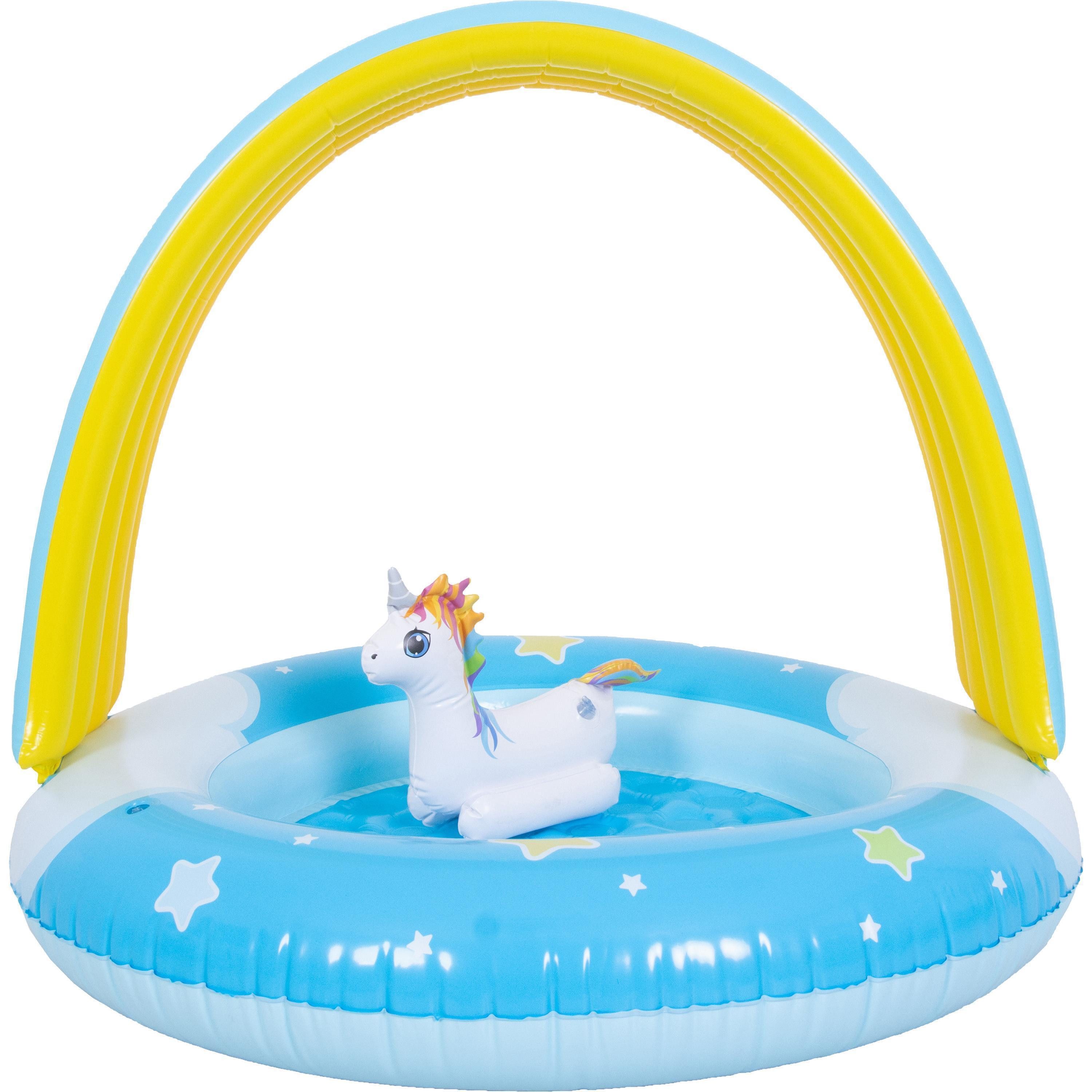 SunClub Planschbecken Kinderpool 95x80 cm, (Einzelpack, 1-tlg., aufblasbares Kinderbecken), Einhorn Pool mit Regenbogendach, Spielzeug und aufblasbarem Boden