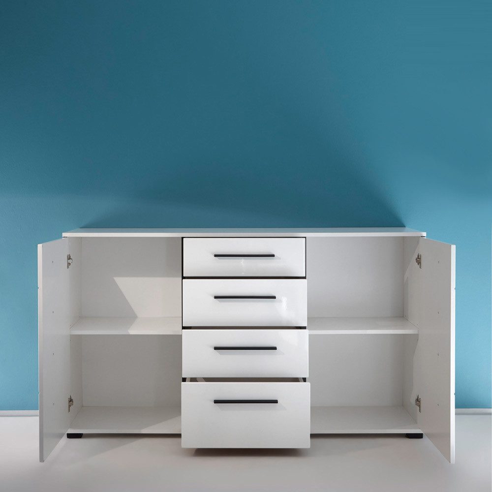 Lomadox Wohnwand COLORADO-61, (4-St), weiß Hochglanz mit Vitrine inkl. LED Tür mit Grauglas 225x200x42cm