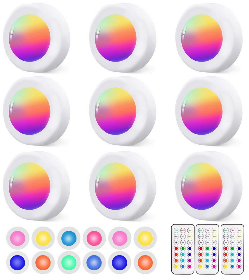 Luckice Unterschrankleuchte 3 Stück Batteriebetrieben LED RGB Spots mit Fernbedienung, RGB mit 13 Farbmodi, 13 Farbwechsel Kabellos Vitrinenbeleuchtung, Dimmbar Unterbauleuchte Küche LED Lampe zum Kleben Schranklicht, Nachtlicht mit Fernbedienung und Timi