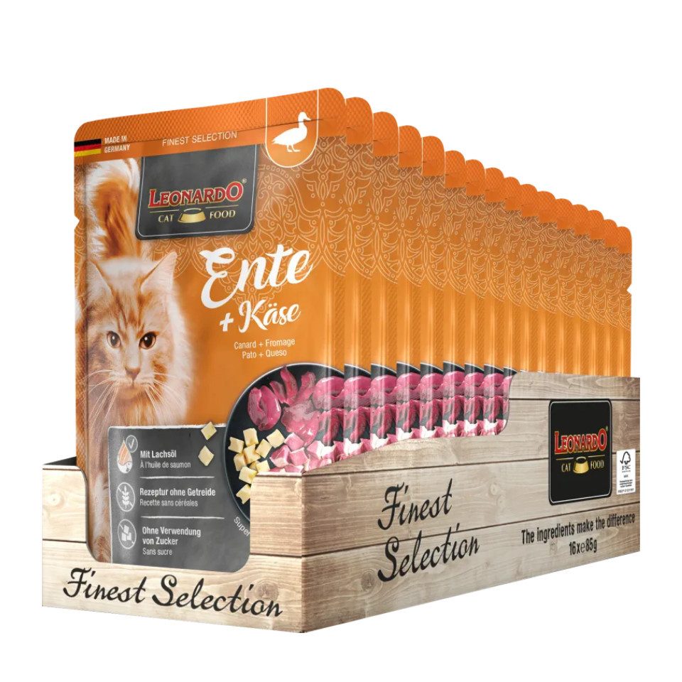 Leonardo Catfood Ente & Käse - getreidefreies Nassfutter mit fettarmen Fleisch 16x85g, Nassfutter für: Katzen