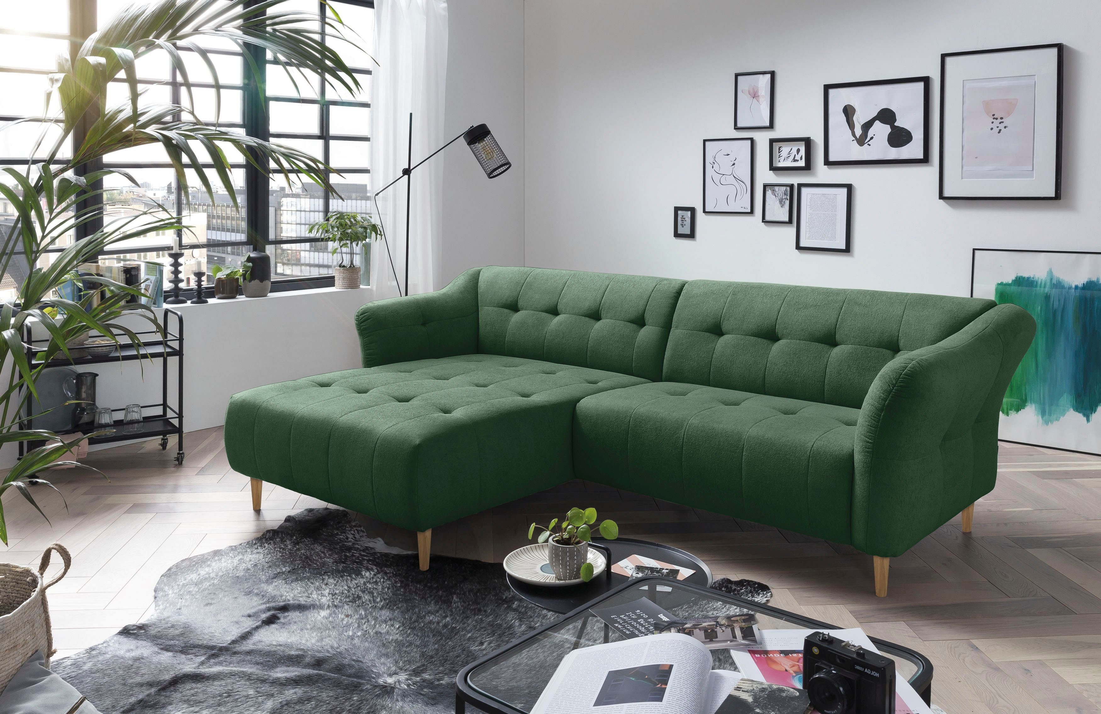 exxpo - sofa fashion Ecksofa Soraya, stellbar Holzfüßen, frei im mit Raum