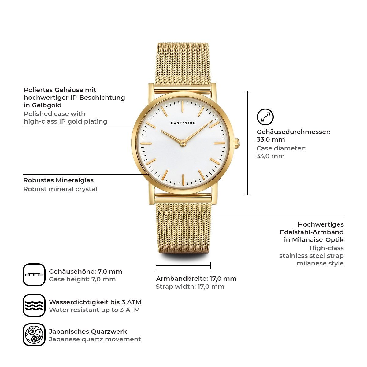 Eastside Quarzuhr Cassina gelbgold, mit Edelstahl-Armband günstig online kaufen