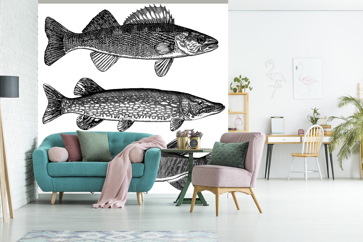 MuchoWow Fototapete Eine Fischen, Illustration Matt, Schlafzimmer, (5 Wandtapete Wohnzimmer Vinyl drei Tapete St), von oder für bedruckt