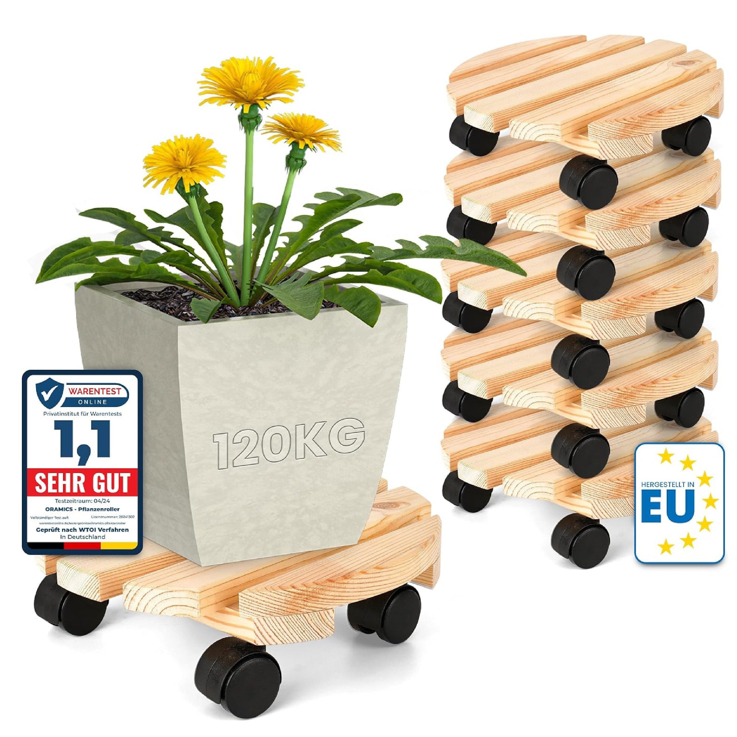 Oramics Тележка для растений Blumentopfuntersetzer Rund Massivholz Ø30 x 8cm bis 120kg belastbar, (Pflanzenmobil aus massiven Kiefernholz als praktischer Alltagshelfer, 6-St., Holz-Pflanzen-Untersetzte mit 4x Rollen für optimale Handhabung), massive Ausführung, stabiler Stand, belastbar bis 120 kg