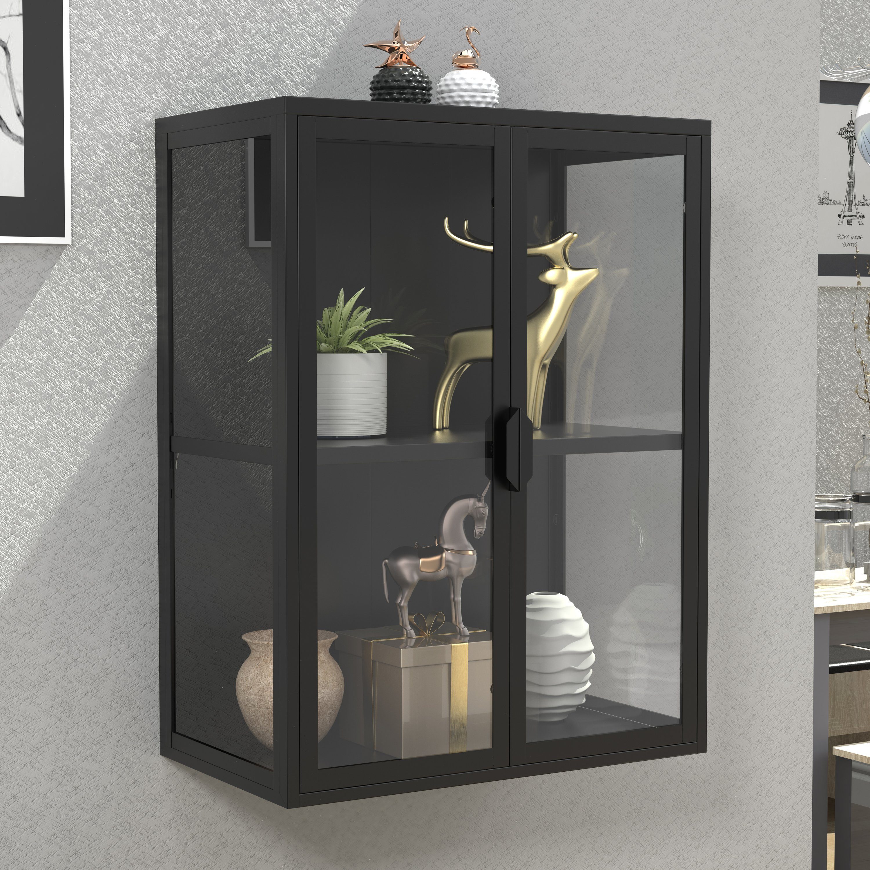 VCM Hängevitrine Metall Wandvitrine Flokas mit Glastüren und Glasvitrine hängend, Modern und platzsparend