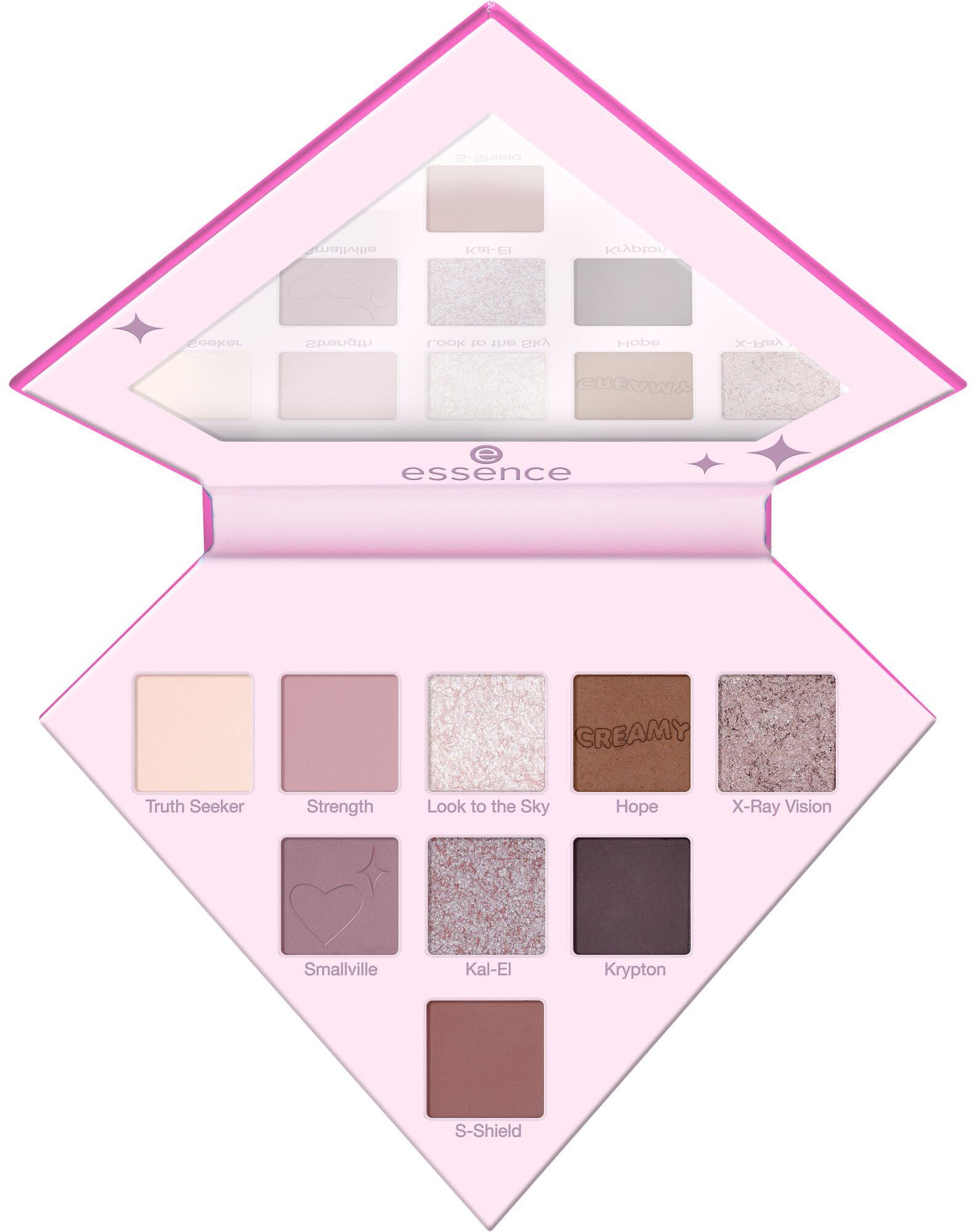 Essence Lidschatten-Palette Superman eyeshadow palette, Hochpigmentiert mit matten, schimmernden und metallischen Texturen.