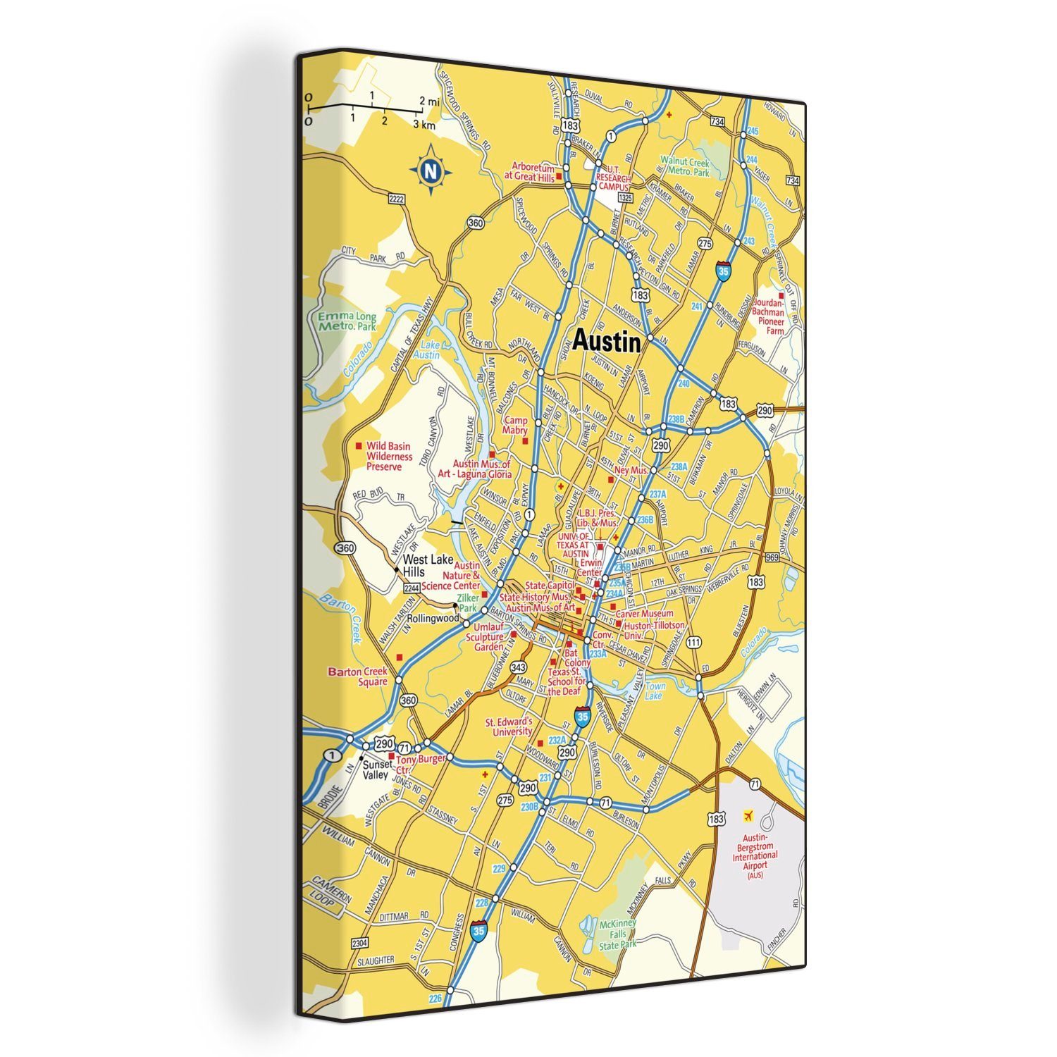 OneMillionCanvasses® Leinwandbild Illustration einer Karte von Austin in Texas, (1 St), Leinwandbild fertig bespannt inkl. Zackenaufhänger, Gemälde, 20x30 cm