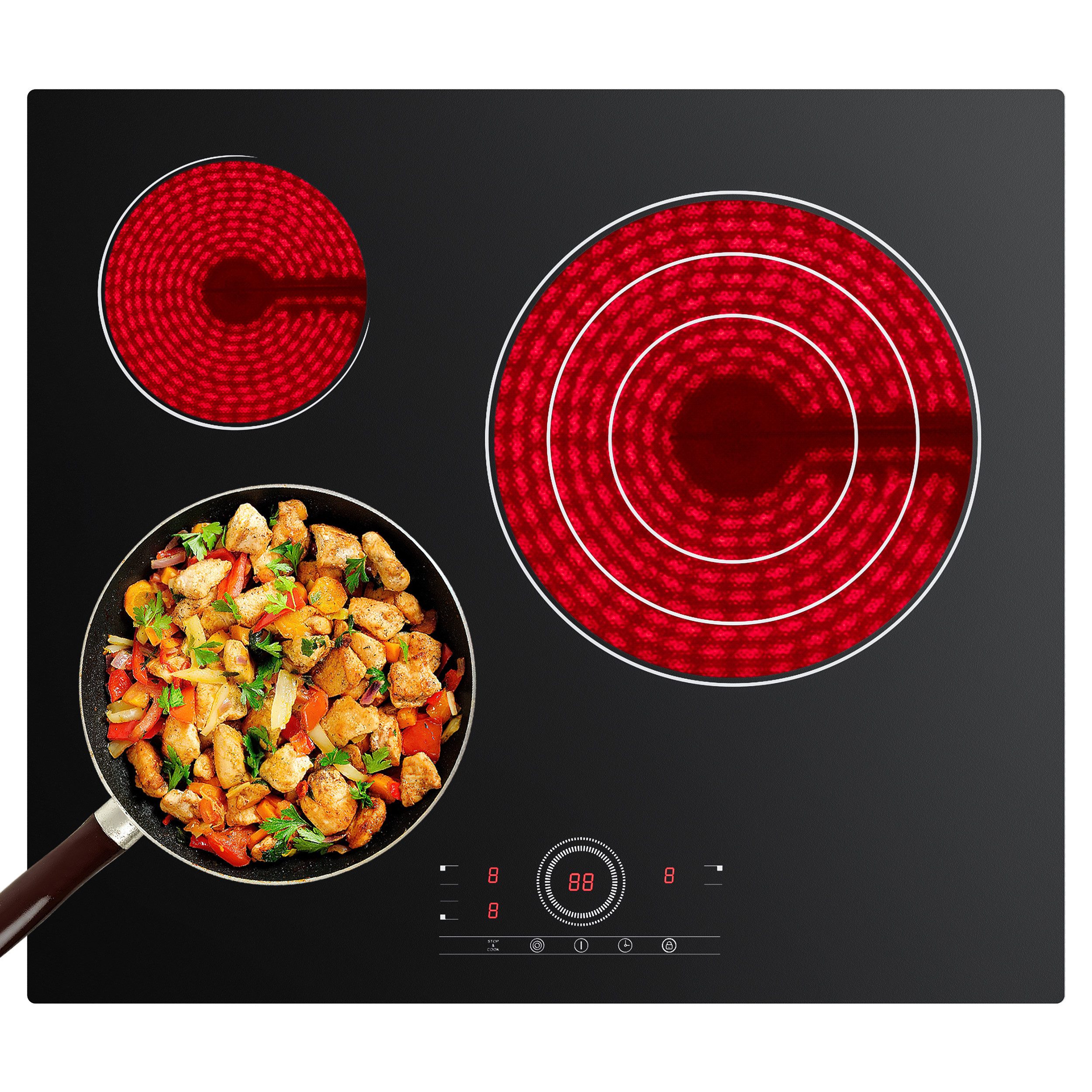 CDV Elektro-Kochfeld 60 cm Glaskeramikkochfeld Cerankochfeld 3 Zonen Auto-Off Funktion CDVER573, Einbau Ceran-Kochfeld 9 Stufen mit Timer 5700 W Touch Control