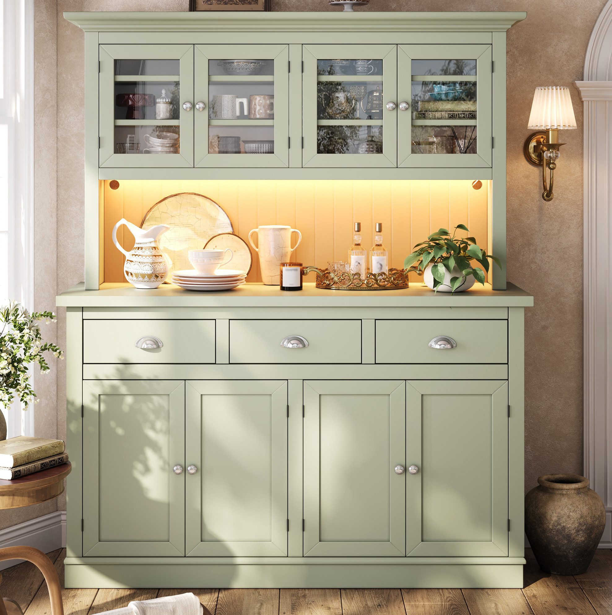OKWISH Hochschrank Aufbewahrungsschrank mit Kippsicherung und verstellbaren Böden (Packung, 1-St., Vitrinenschrank mit Soft Close Metallgriffen für Wohnbereiche) Sideboard mit RGB LED Beleuchtung und Glastür Grün