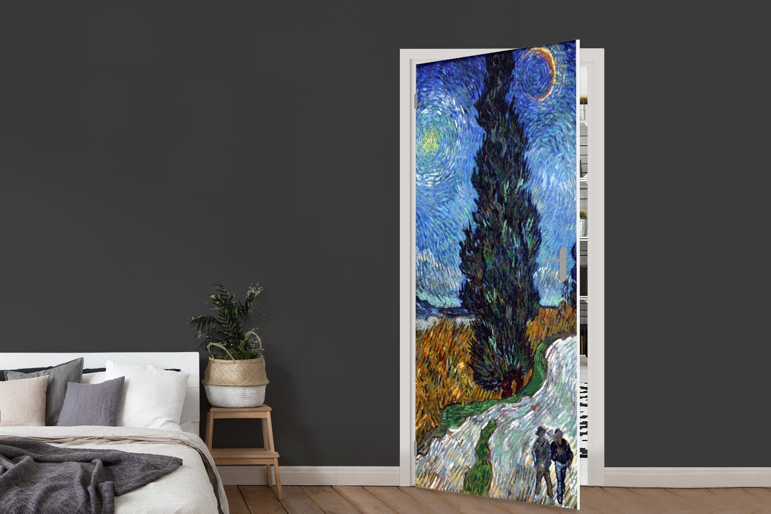 und Straße Tür, Gogh, (1 Fototapete Zypresse Matt, 75x205 bedruckt, mit Stern cm Türaufkleber, van für - Türtapete MuchoWow Vincent St),