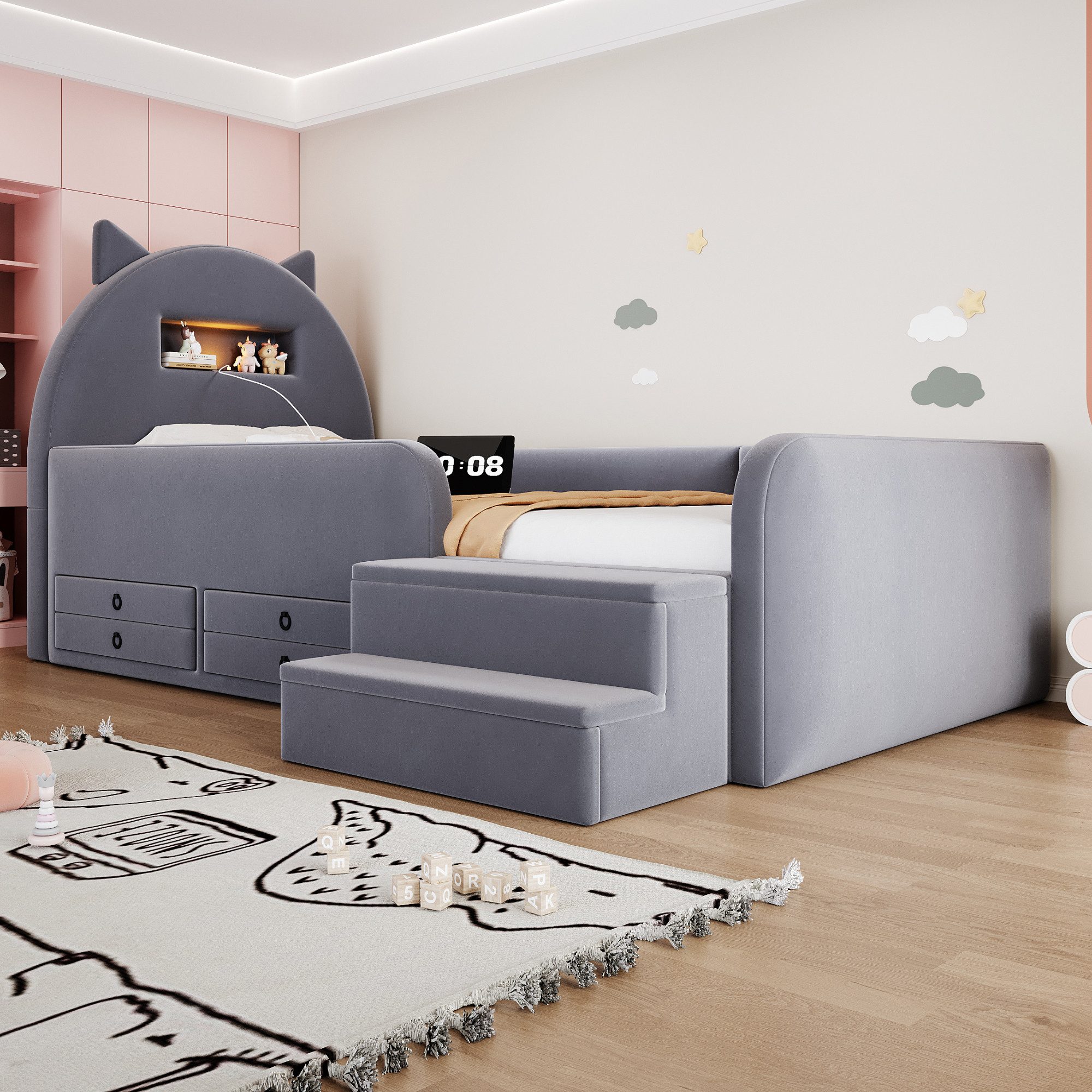 STILVORA Polsterbett 90×200 mit Stauraum Funktionbett Kinderbett, ohne Matratze (Jugendbett, USB-Anschluss, Nachtlicht, 4 Schubladen, Samtbezug, Ohrkopfteil, Stufenbank, Komfortpolster, hautfreundlicher Samt), für Kinderzimmer, Jugendzimmer, Gästezimmer