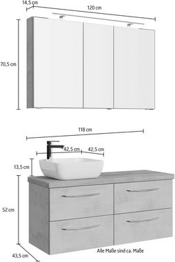 Saphir Badmöbel-Set Serie 4035 2-teilig, Keramik-Aufsatzbecken mit LED-Spiegelschrank, (Set), Waschplatz inkl. Türdämpfer, 120 cm breit, 4 Schubladen, 3 Türen