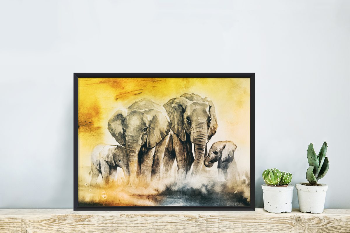 Poster Schwarzem Wanddeko, St), MuchoWow Bilderrahmen Aquarellfarbe Elefant (1 Poster, Gerahmtes Wandposter, - Familie, Bilder, -